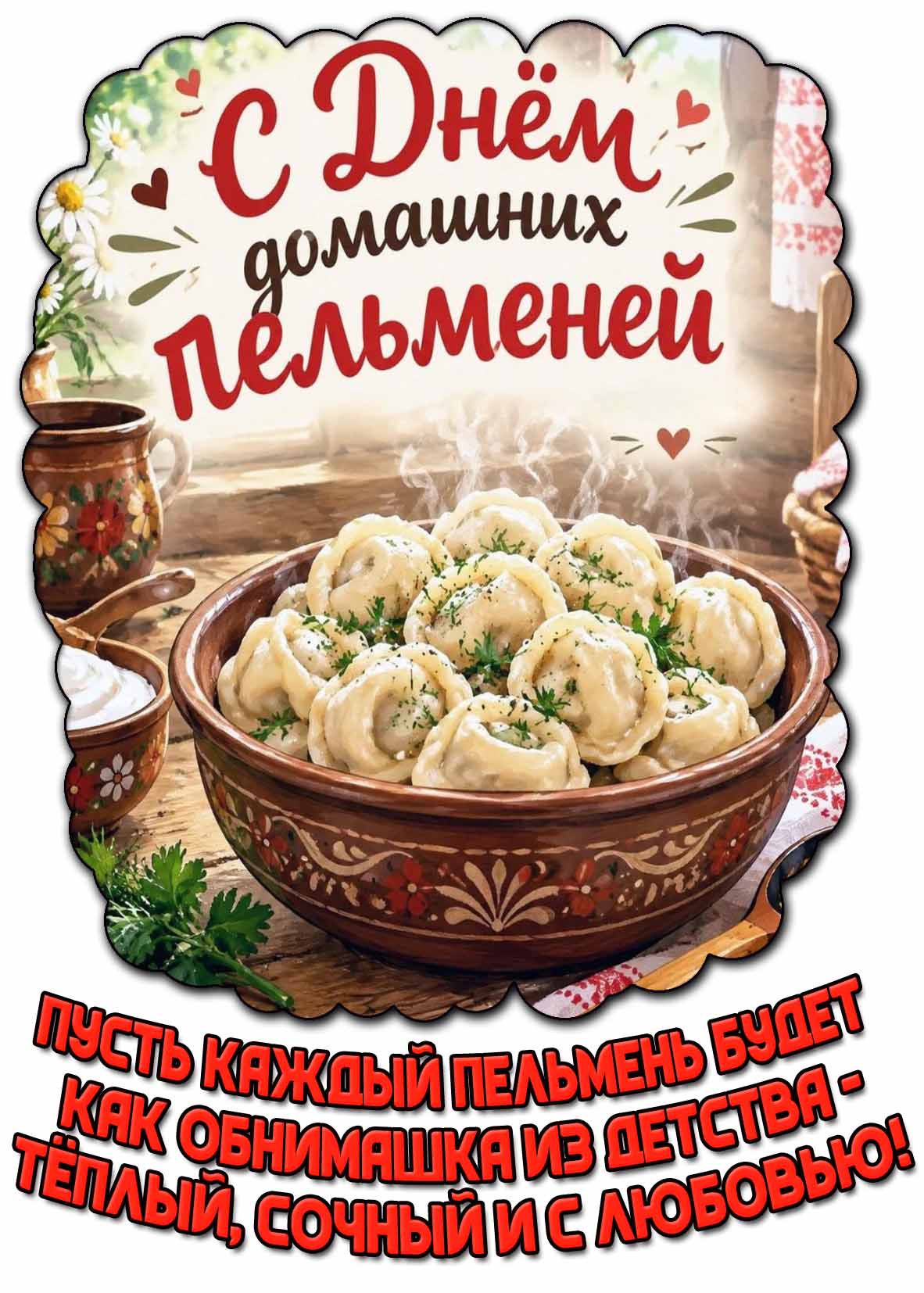Картинка "С днём домашних пельменей! Пусть каждый пельмень будет как обнимашка из детства - тёплый, сочный и с любовью!"