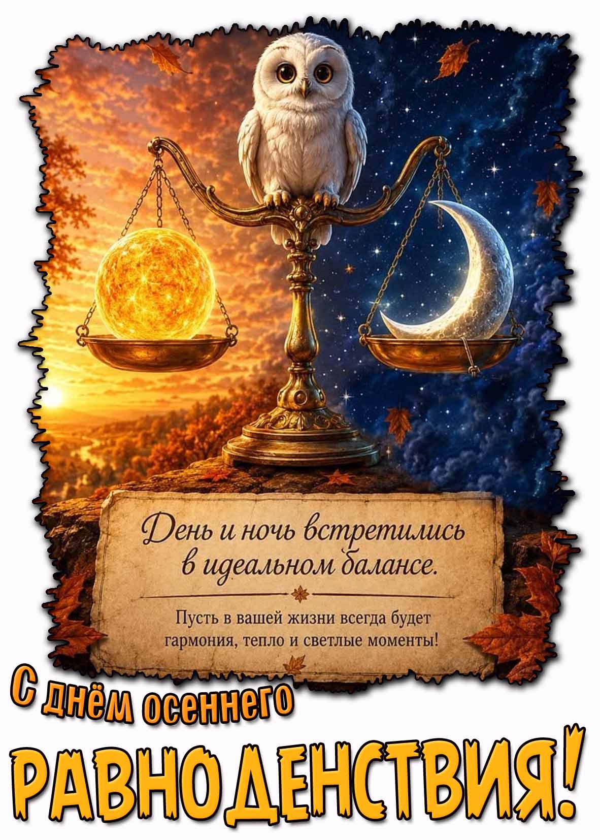 Картинка "С днём осеннего равноденствия! День и ночь встретились в идеальном балансе! Пусть в ваше жизни всегда будет гармония, тепло и светлые моменты!"