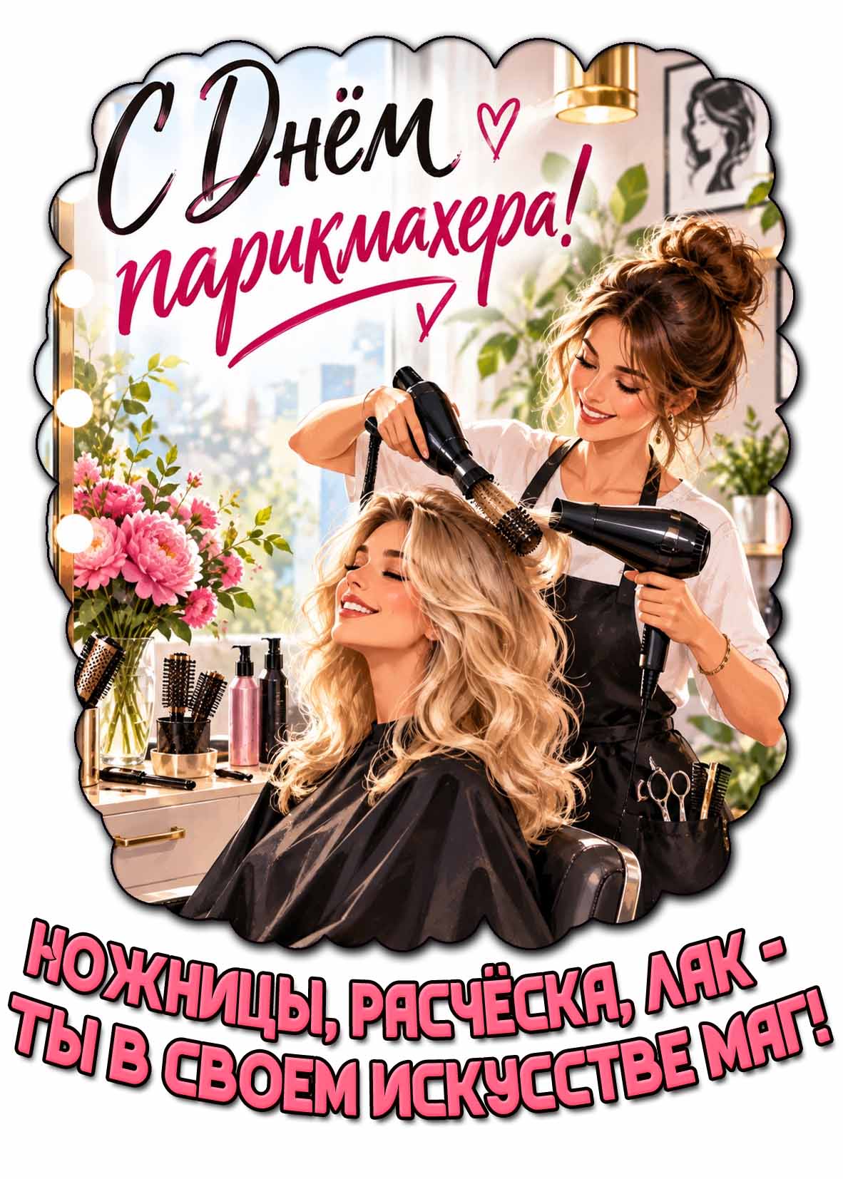 Картинка "С днём парикмахера! Ножницы, расческа, лак - ты в своем искусстве маг!"