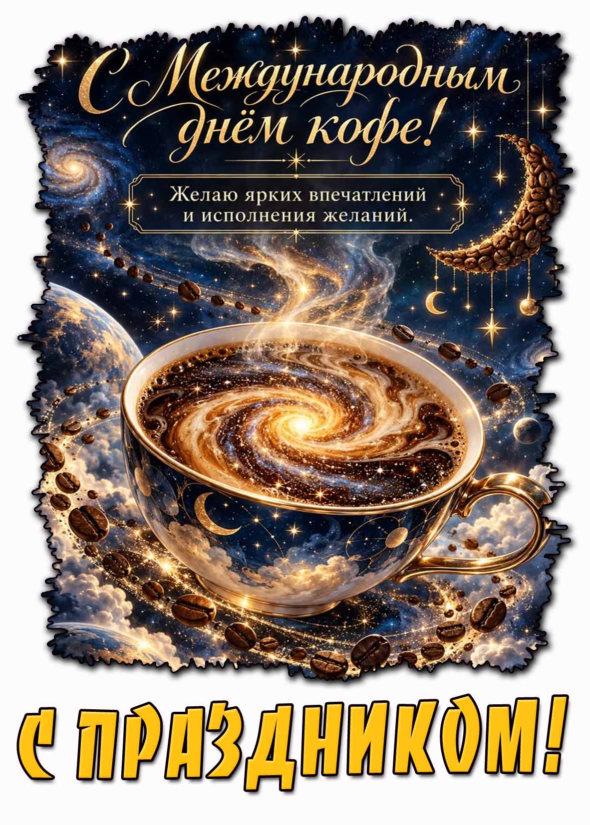 Картинка "С Международным днём кофе! Желаю ярких впечатлений и исполнения желаний! С праздником!"