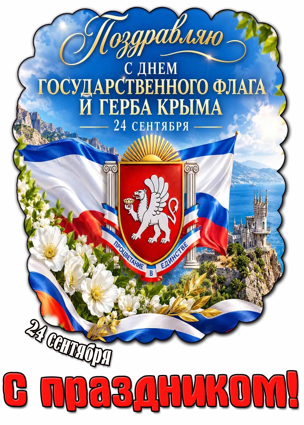 Красивая картинка с символикой (реющий флаг, герб (процветание в единстве)) на фоне бухты "Ласточкино гнездо" к 24 сентября - Поздравляю с днём государственного флага и герба Крыма! С праздником! Красивая картинка 24 сентября - Поздравляю с днём государственного флага и герба Крыма! С праздником!