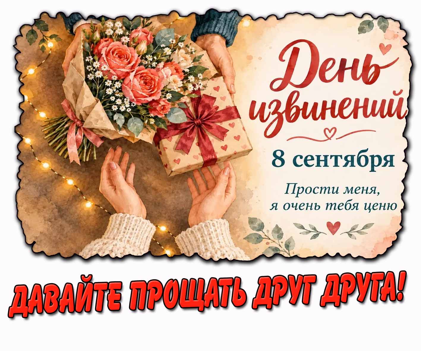 Красивая горизонтальная картинка с цветами и подарком к 8 сентября - день извинений! Давайте прощать друг друга! Прости меня, я очень тебя ценю! Красивая картинка 8 сентября - день извинений! Давайте прощать друг друга!