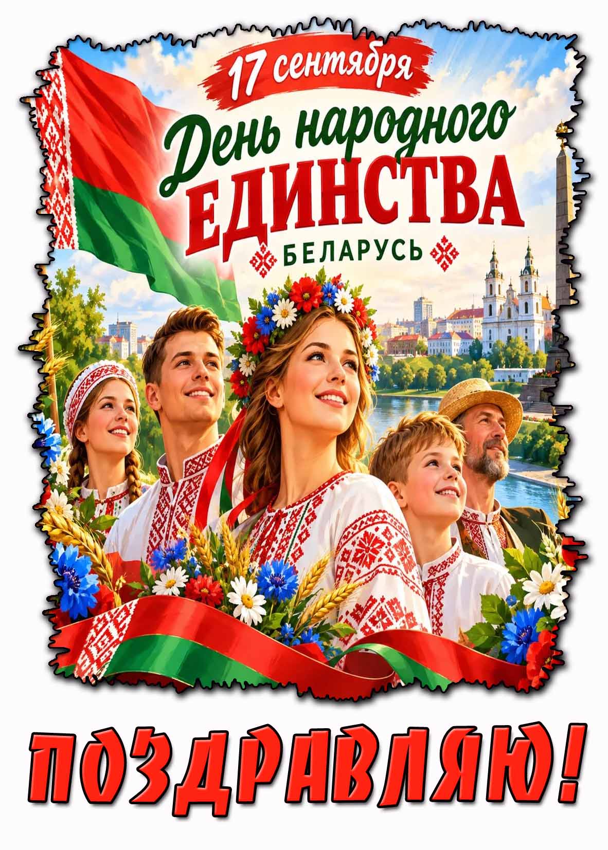 Красивая открытка 17 сентября - день народного единства Беларусь! Поздравляю!