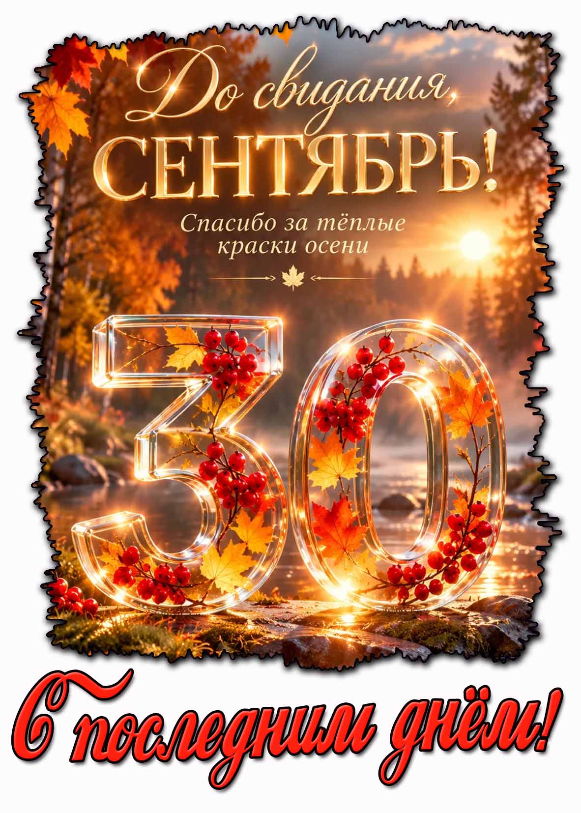 Красивая открытка 30 сентября - До свидания, сентябрь! Спасибо за тёплые краски осени! С последним днём!