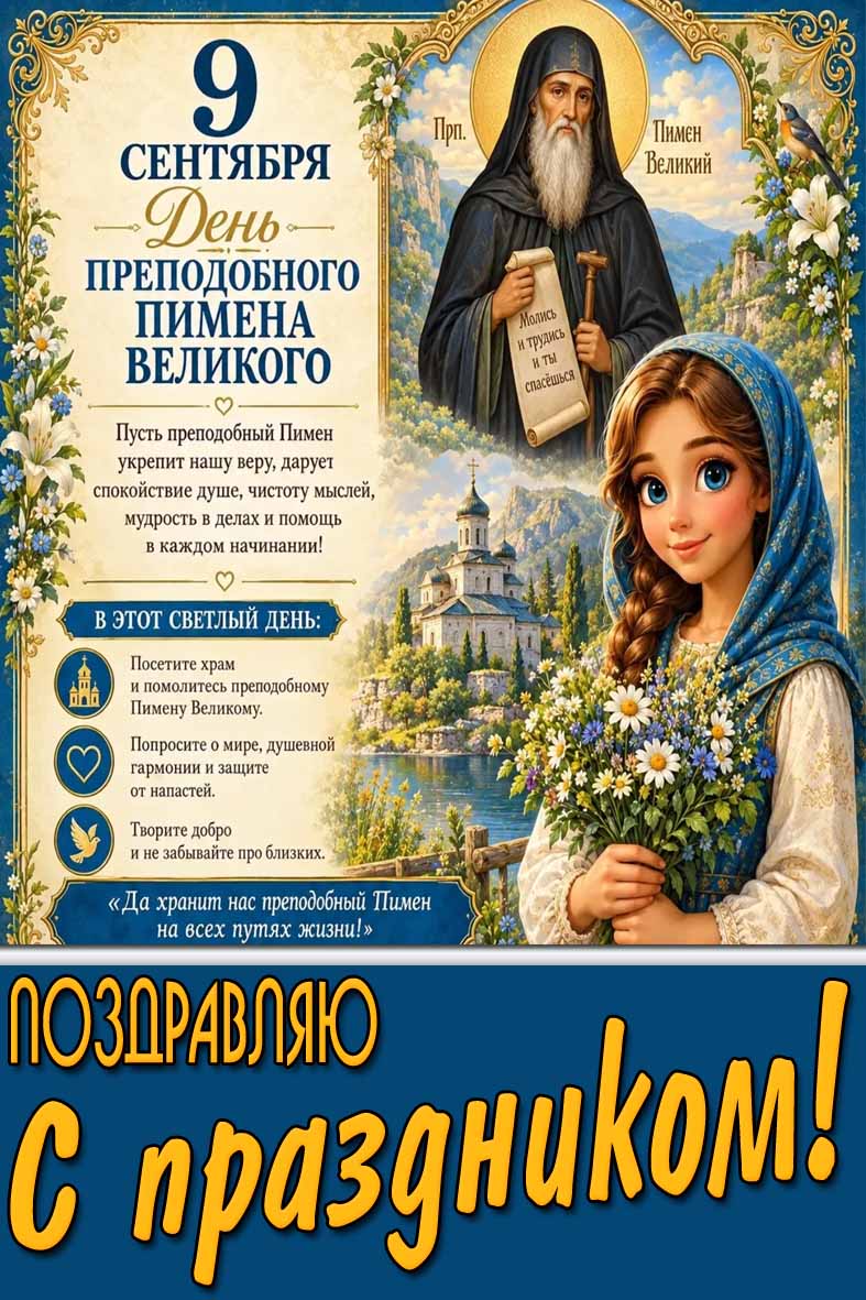 Красивая открытка 9 сентября - день преподобного Пимена Великого! Поздравляю с праздником!