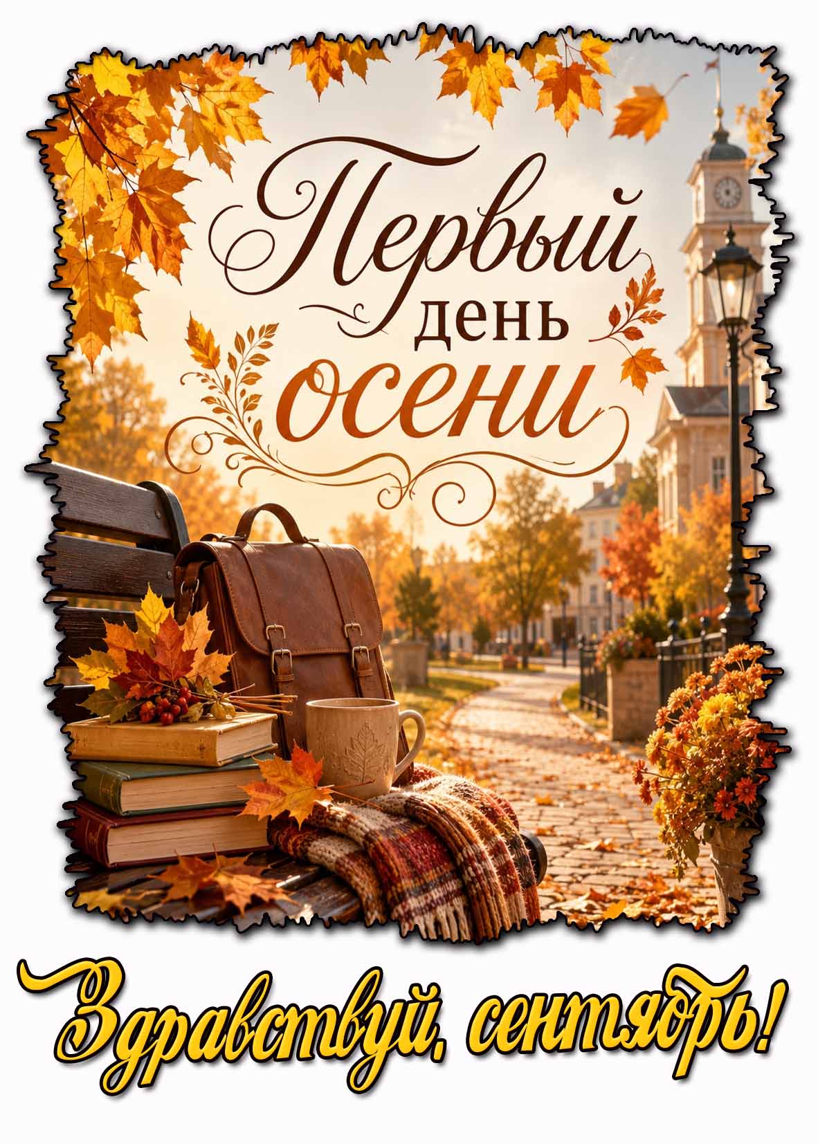 Красивая открытка "Первый день осени! Здравствуй, сентябрь!"