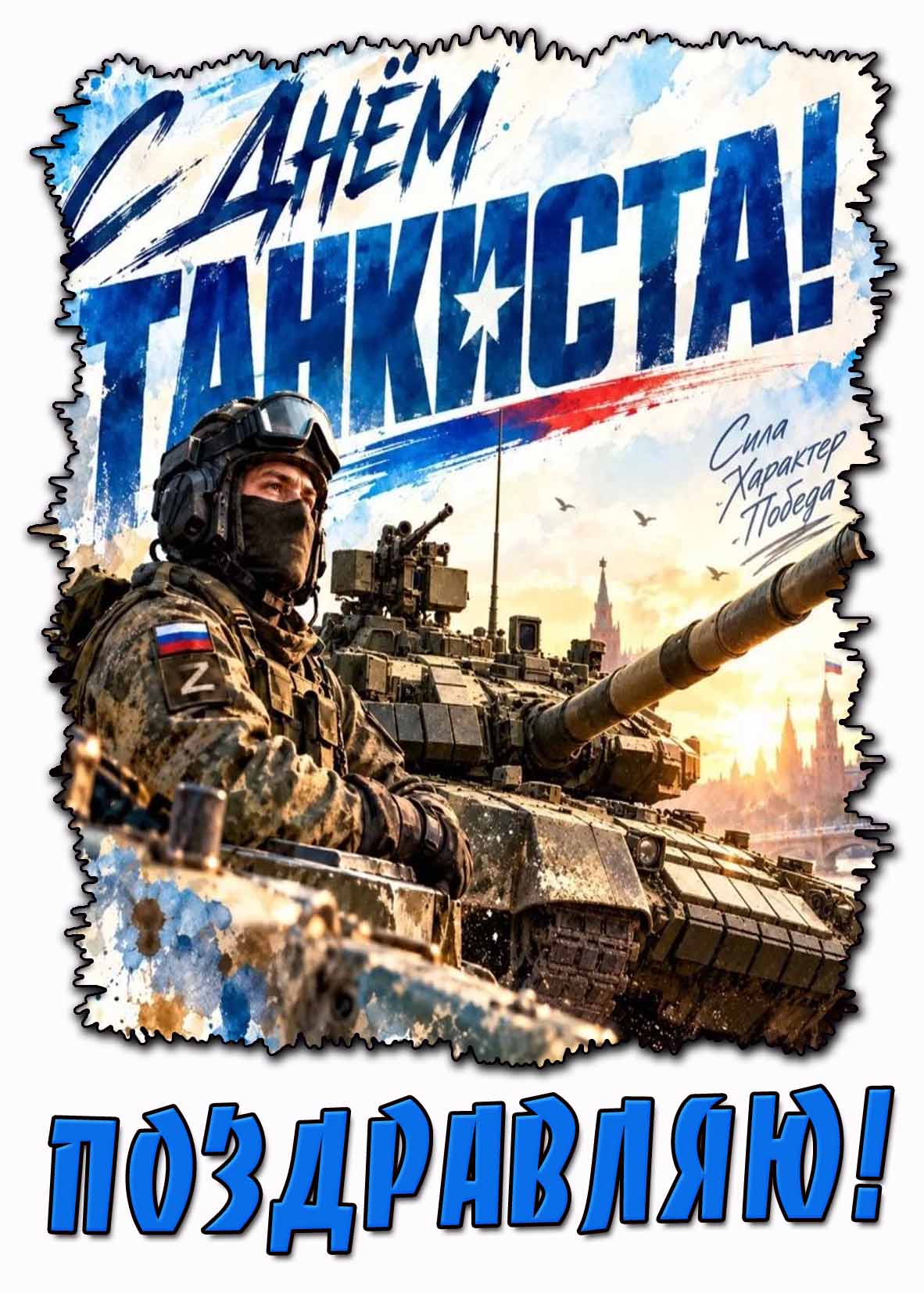 Крутая открытка "С днём танкиста! Сила! Характер! Победа! Поздравляю!"