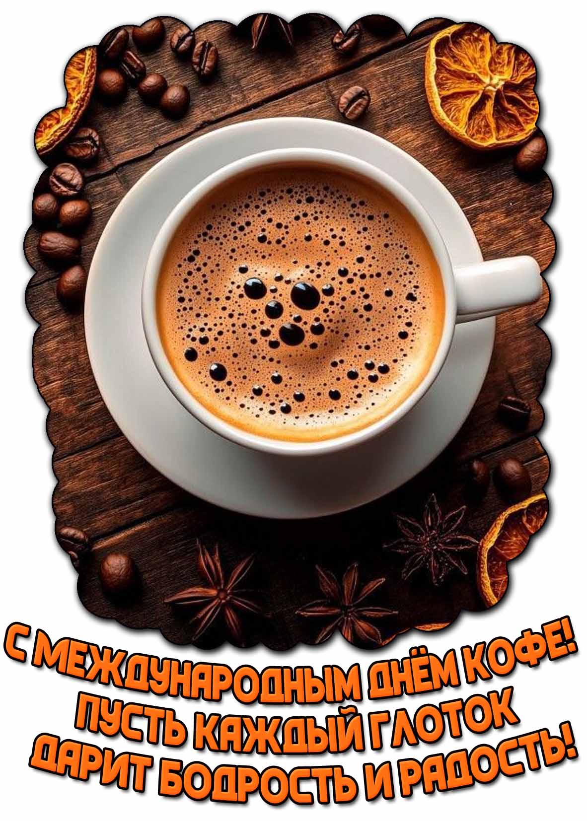 Открытка "С международным днём кофе! Пусть каждый глоток дарит бодрость и радость!"