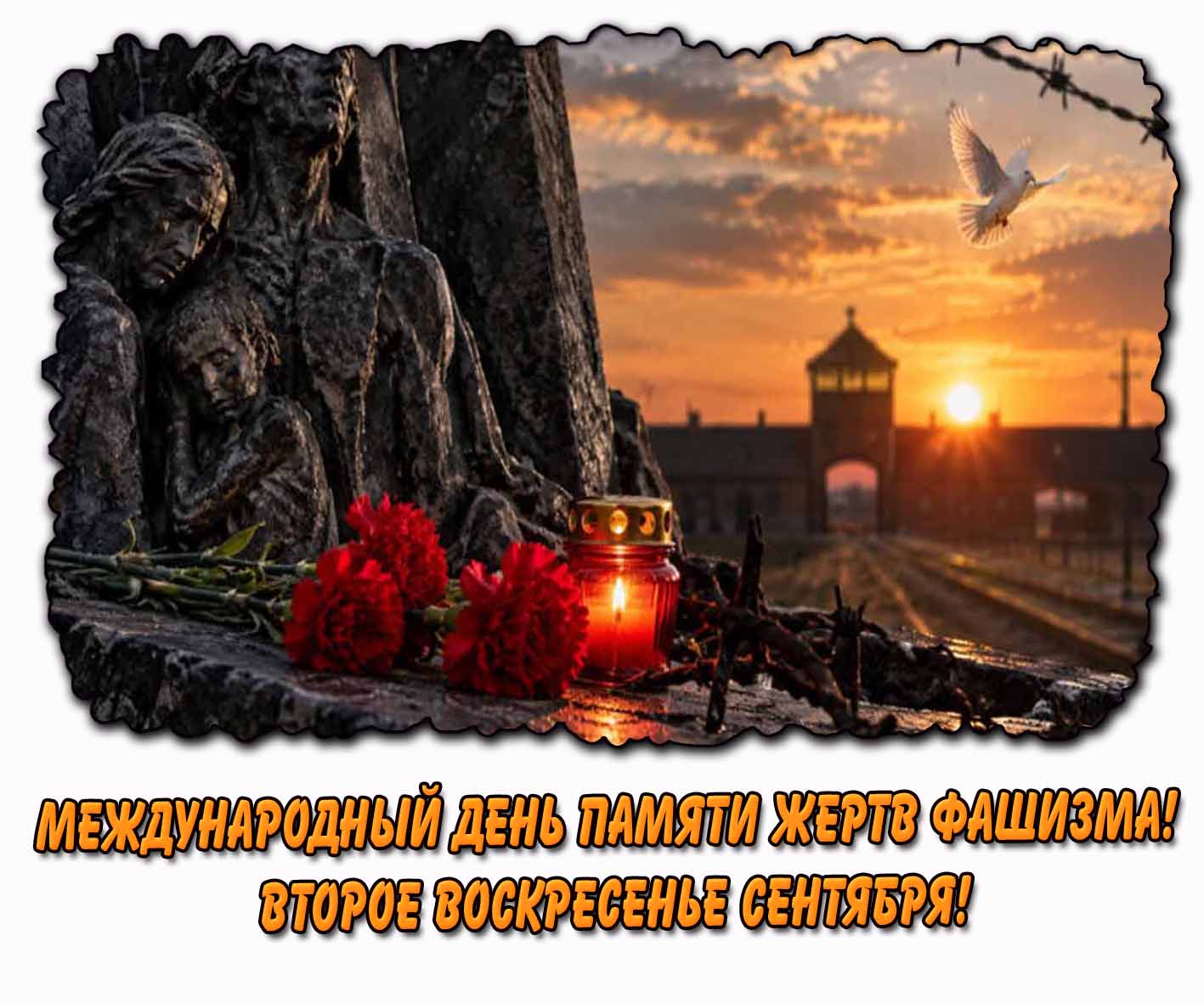 Горизонтальная открытка с цветами, лампадкой у памятного мемориала, летящим голубем мира на фоне заката и надписью : Международный день памяти жертв фашизма! Второе воскресенье сентября!