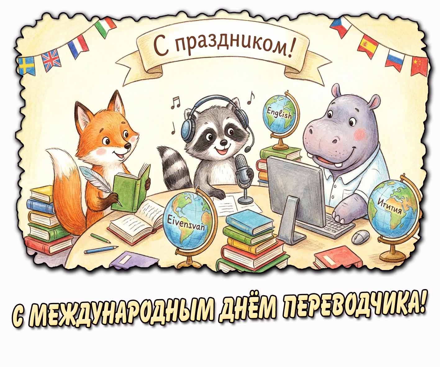 Детская открытка "С Международным днём переводчика! С праздником!"