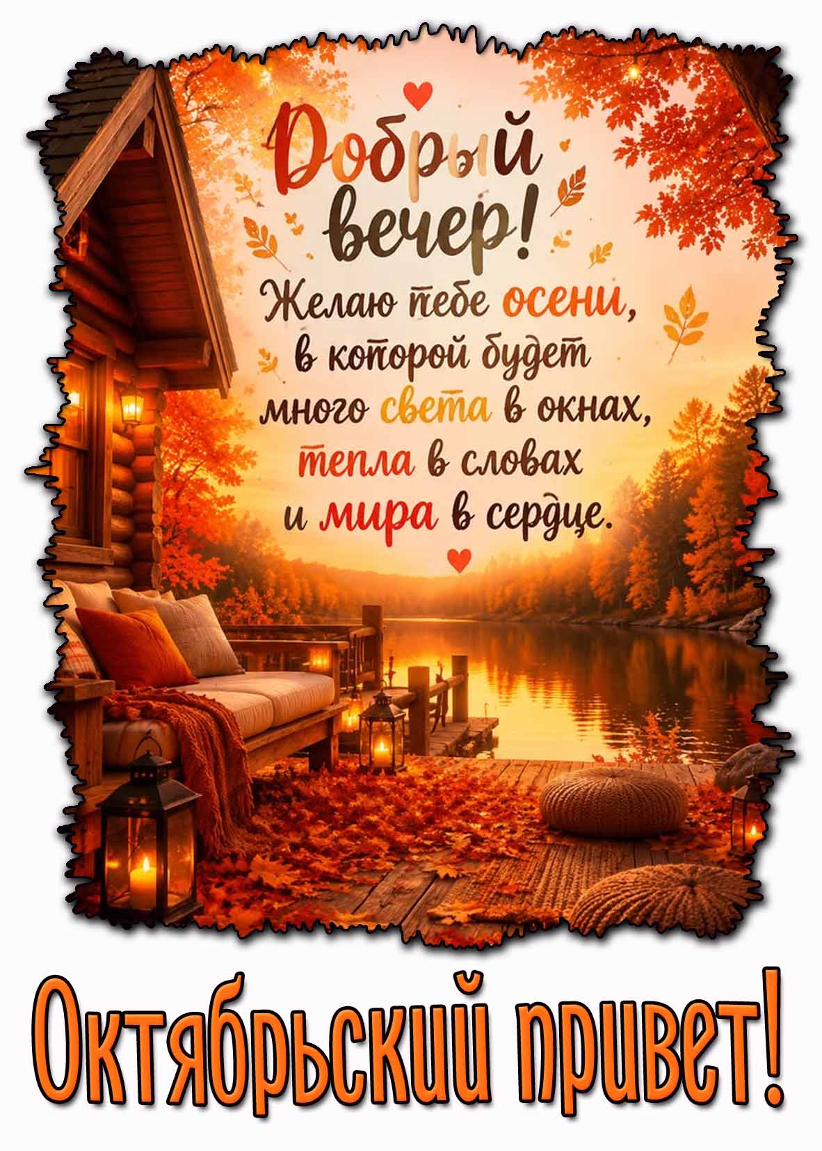 Картинка "Добрый вечер! Октябрьский привет! Желаю тебе осени, в которой будет много света в окнах, тепла в словах и мира в сердце!"