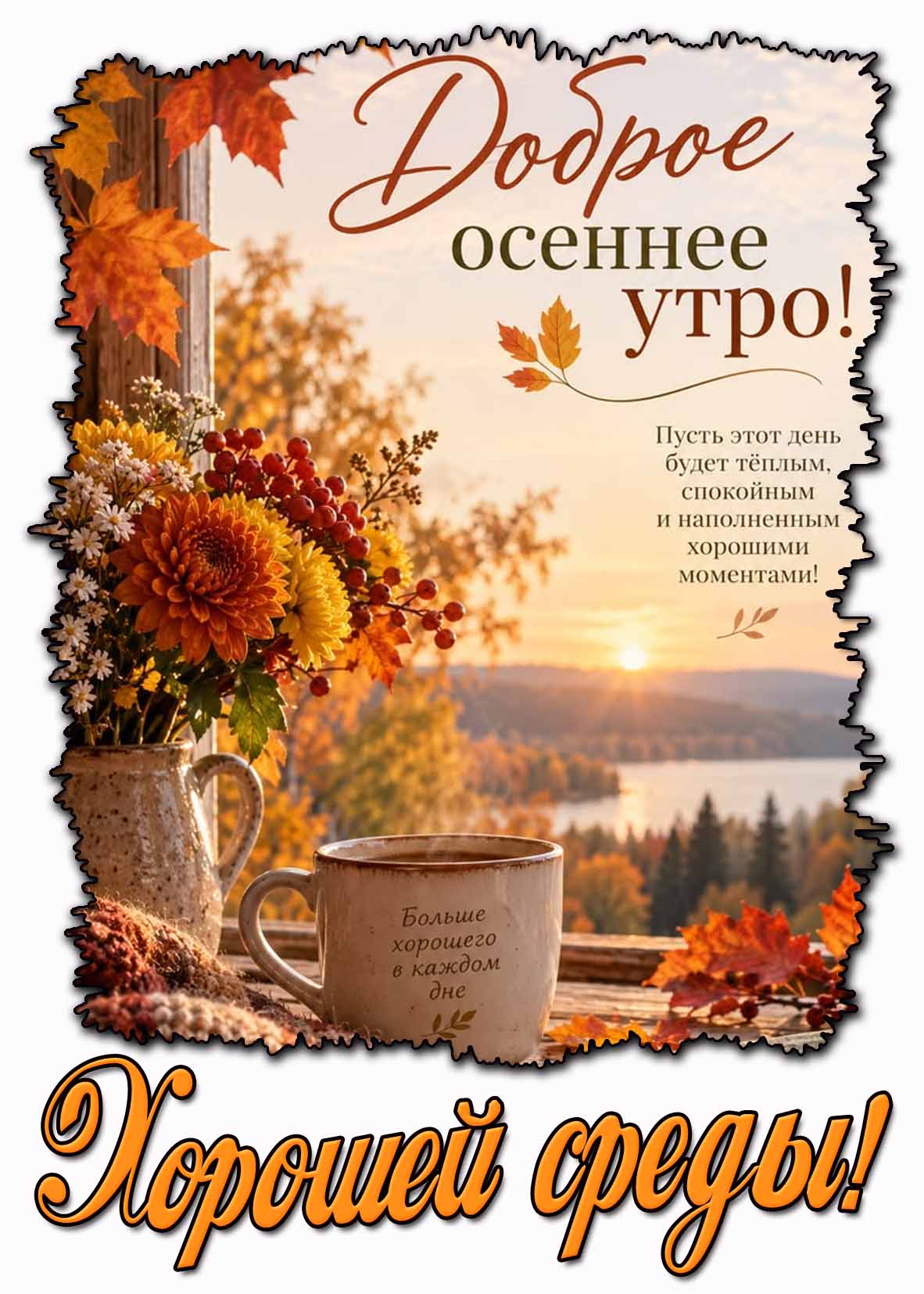 Открытка "Доброе осеннее утро! Хорошей среды! Пусть этот день будет тёплым, спокойным и наполненным хорошими моментами!"