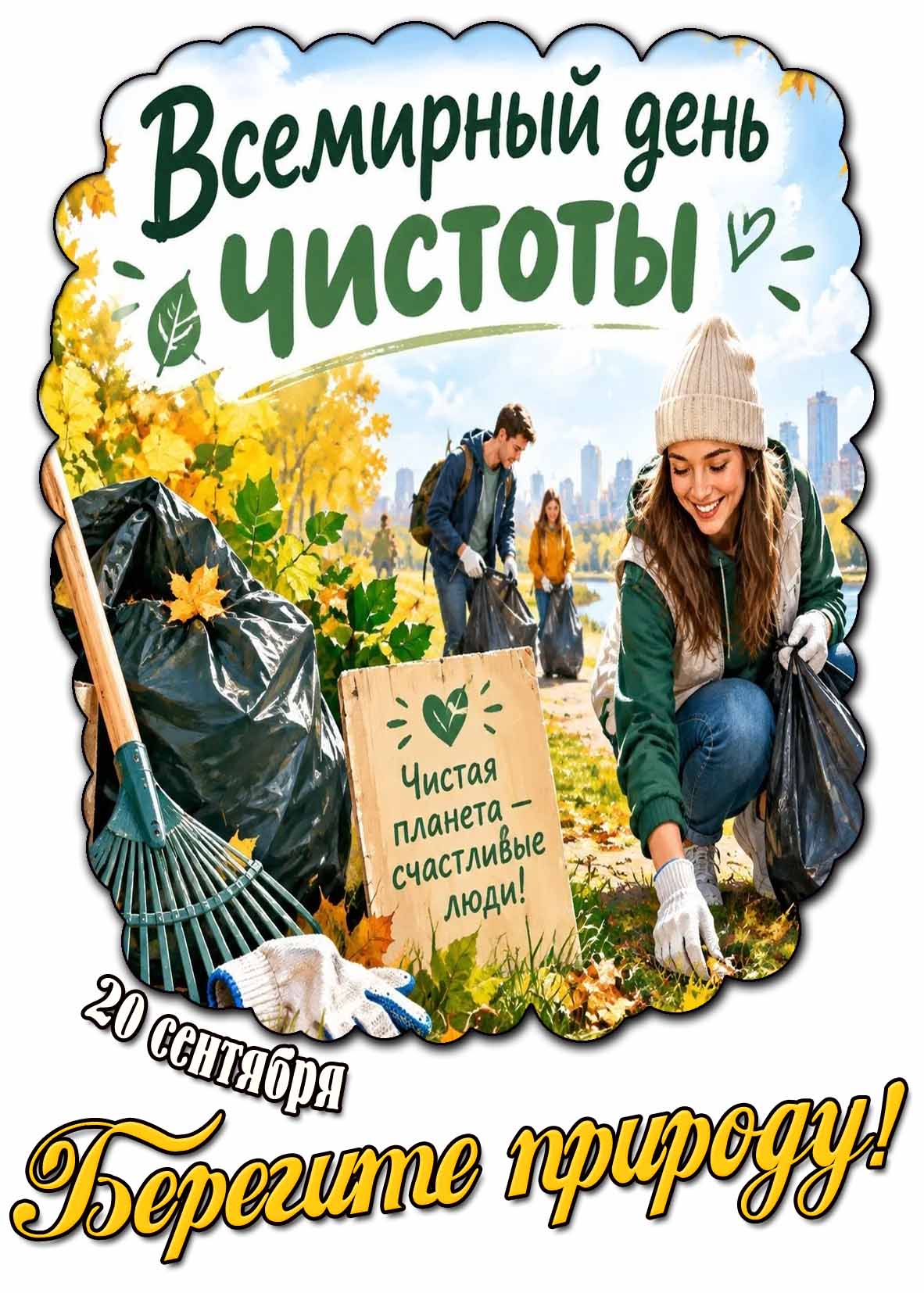 Осенняя открытка 20 сентября - Всемирный день чистоты! Чистая планета - счастливые люди! Берегите природу!