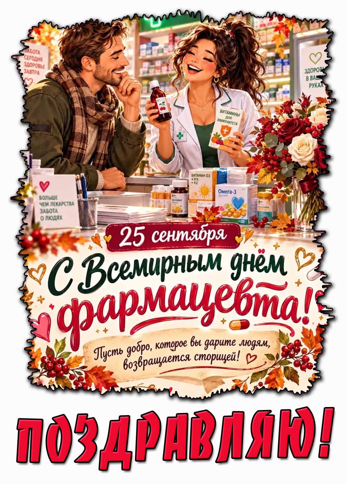 Красивая открытка с осенним антуражем и девушкой и посетителем в аптеке к празднику 25 сентября - с Всемирным днём фармацевта! Пусть добро, которое вы дарите людям, возвращается сторицей! Поздравляю!