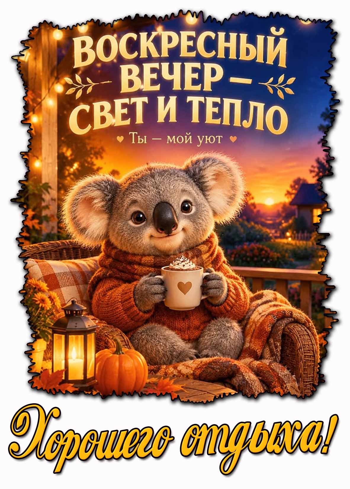 Осенняя открытка "Воскресный вечер - свет и тепло! Ты - мой уют! Хорошего отдыха!"