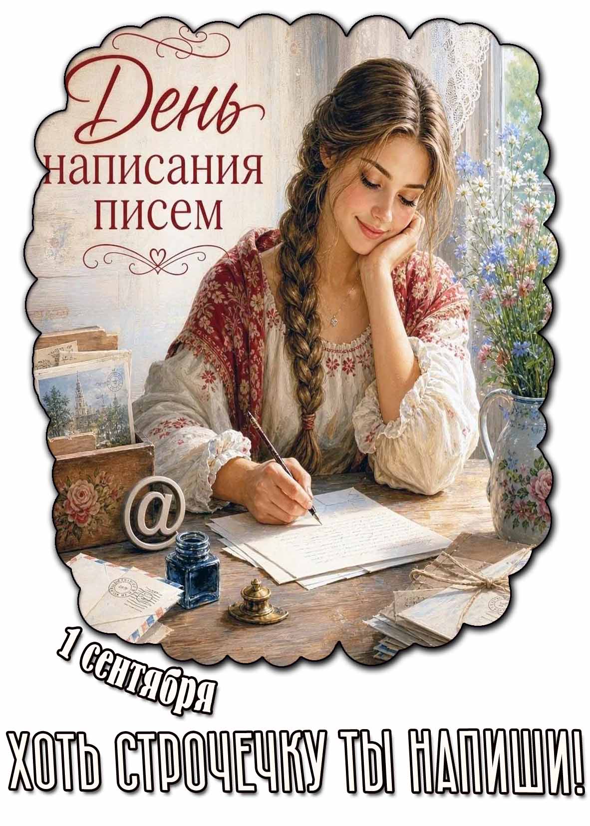 Открытка 1 сентября - день написания писем! Хоть строчечку ты напиши!
