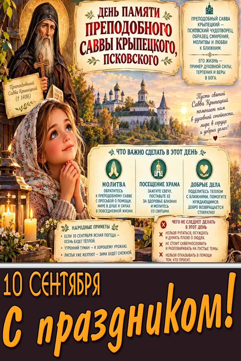 Открытка 10 сентября - день памяти преподобного Саввы Крыпецкого, Псковского! С праздником!