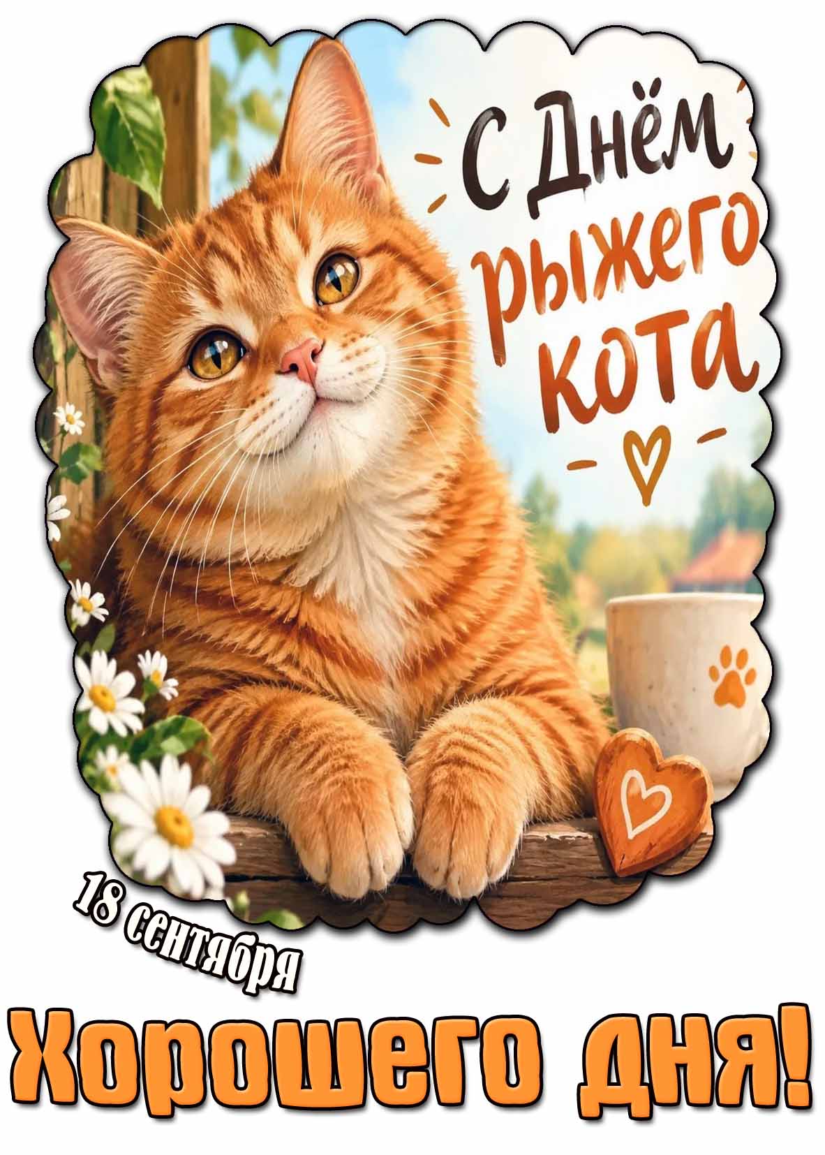 Открытка 18 сентября - с днём рыжего кота! Хорошего дня!