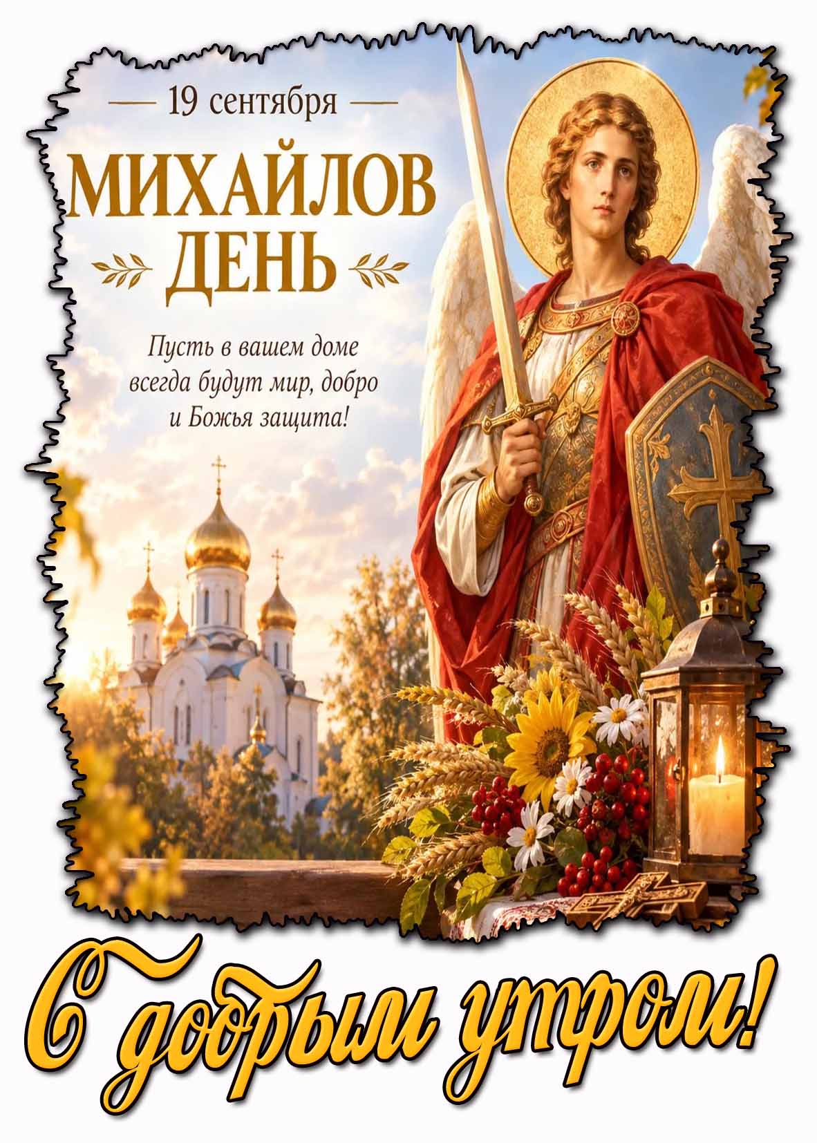 Открытка 19 сентября - Михайлов день! С добрым утром! Пусть в вашем доме всегда будут мир, добро и Божья защита!