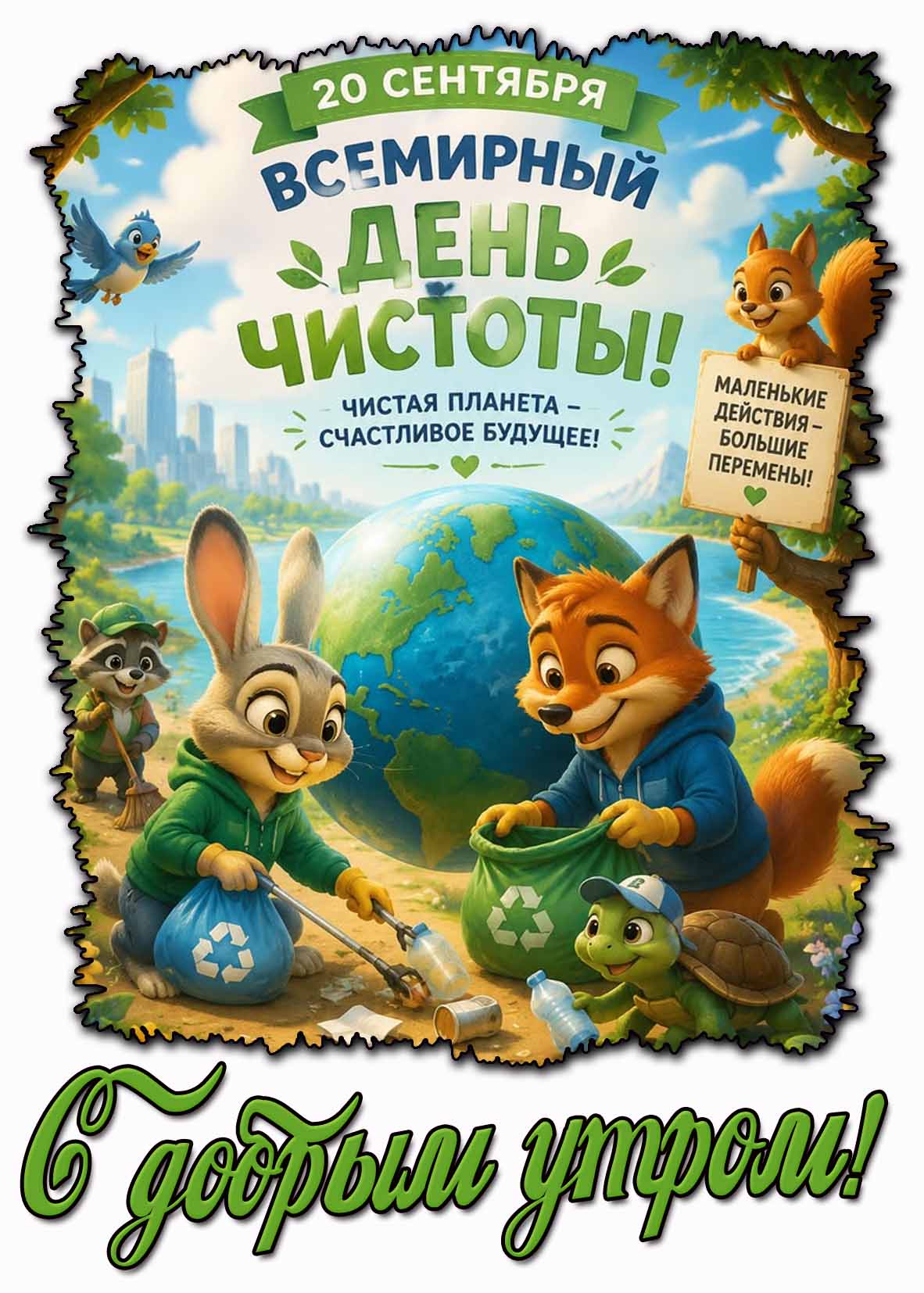 Открытка 20 сентября - Всемирный день чистоты! С добрым утром! Чистая планета - счастливое будущее!