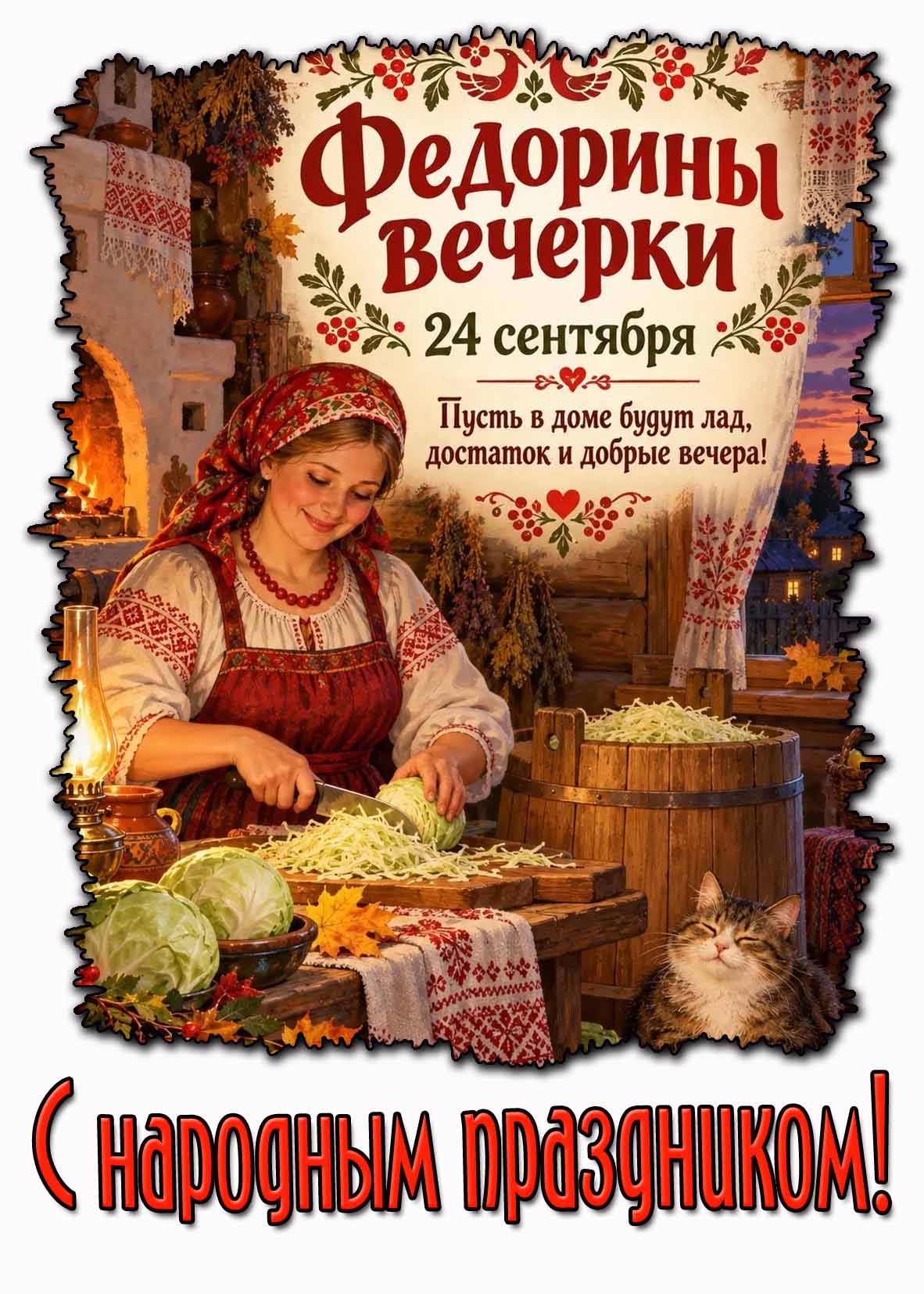 Открытка 24 сентября - Федорины Вечерки! Пусть в доме будут лад, достаток и добрые вечера! С народным праздником!