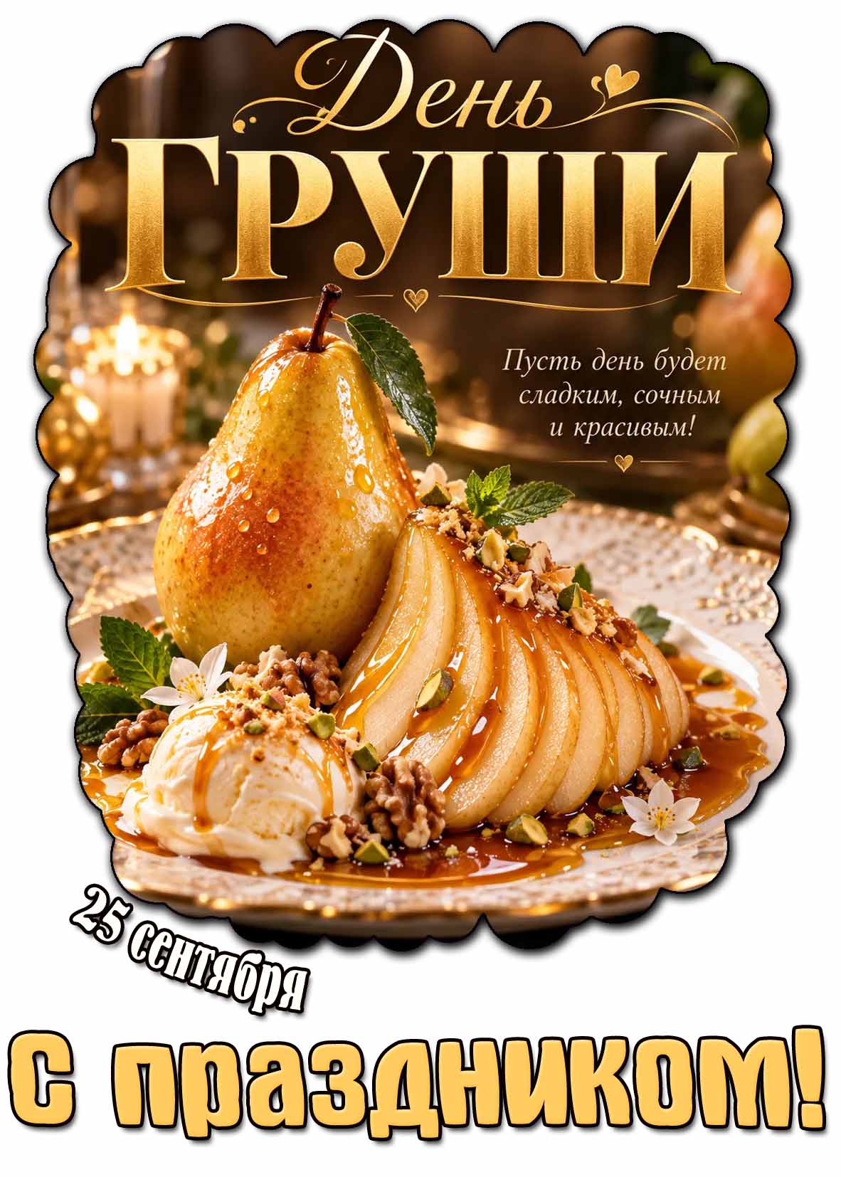 Открытка 25 сентября - день груши! Пусть день будет сладким, сочным и красивым! С праздником!
