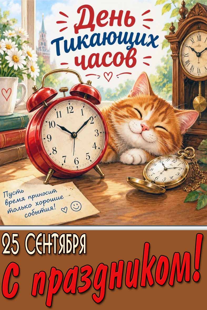 Открытка 25 сентября - день тикающих часов! Пусть время приносит только хорошие события! С праздником!