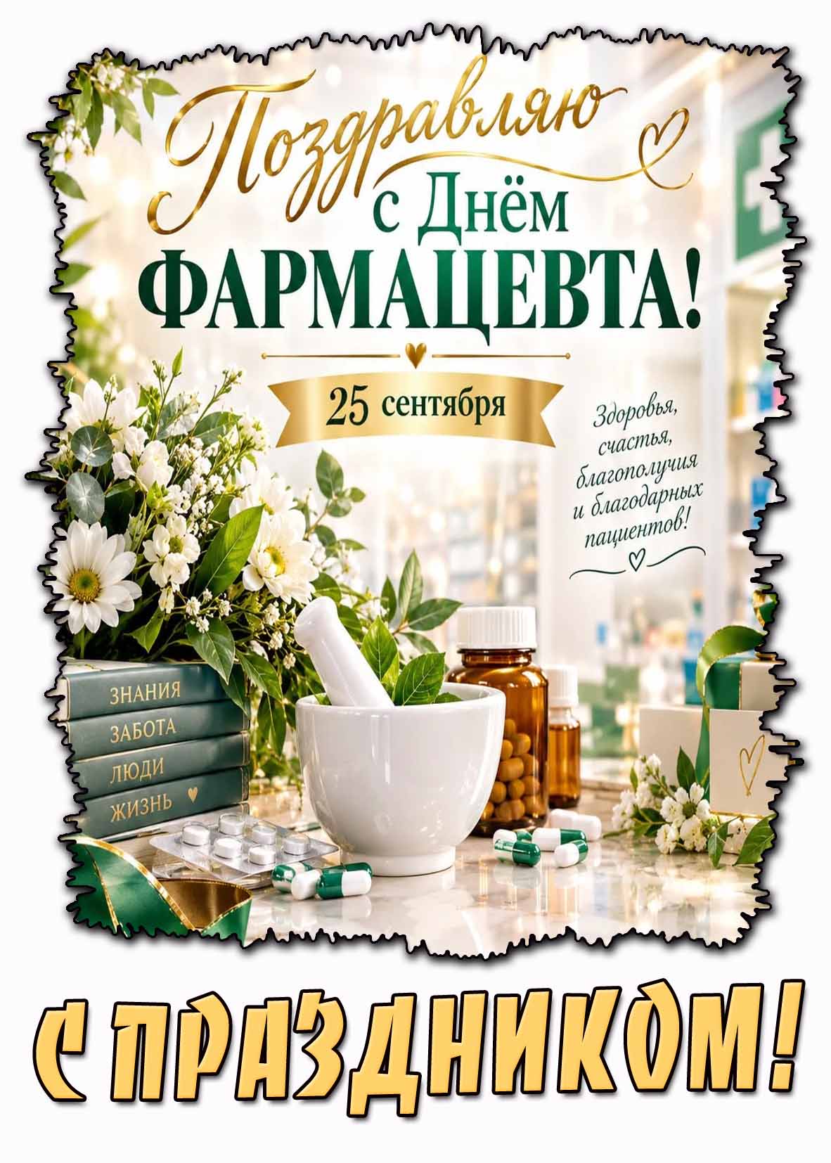 Открытка 25 сентября - поздравляю с днём фармацевта! Здоровья, счастья, благополучия и благодарных пациентов! С праздником!