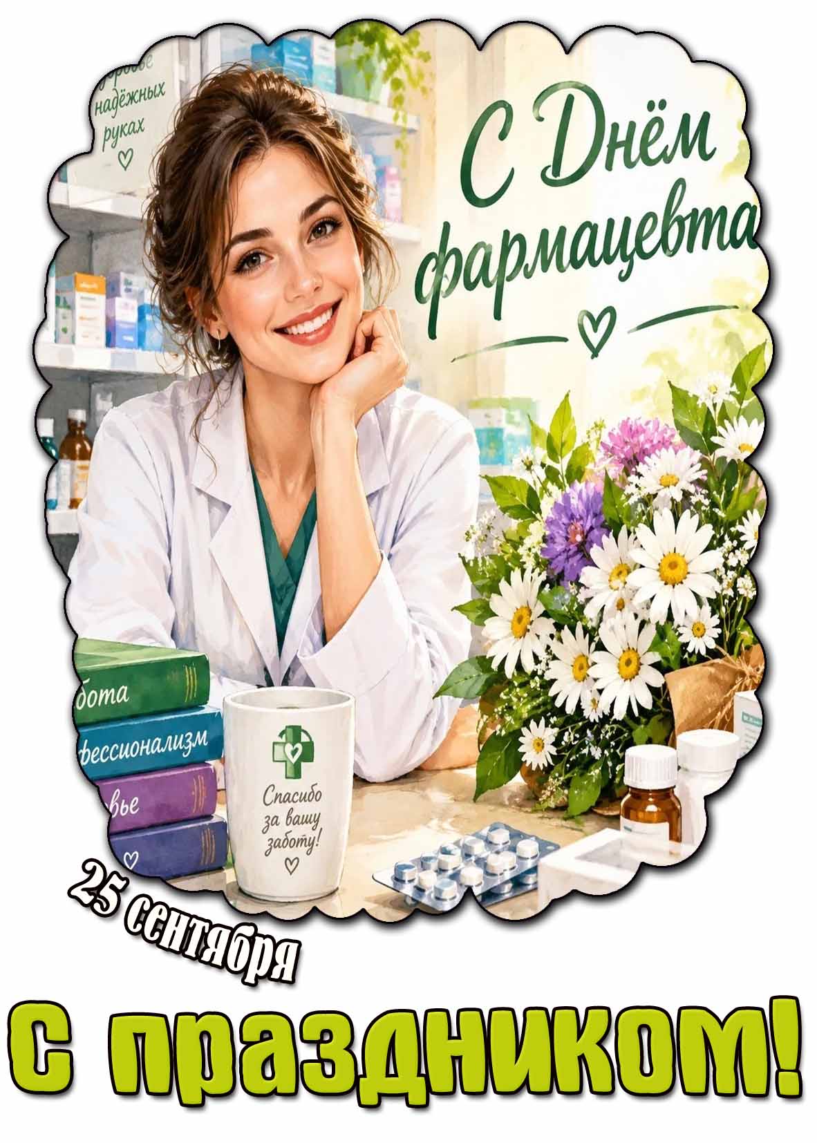 Открытка 25 сентября - с днём фармацевта! Спасибо за вашу заботу! С праздником!