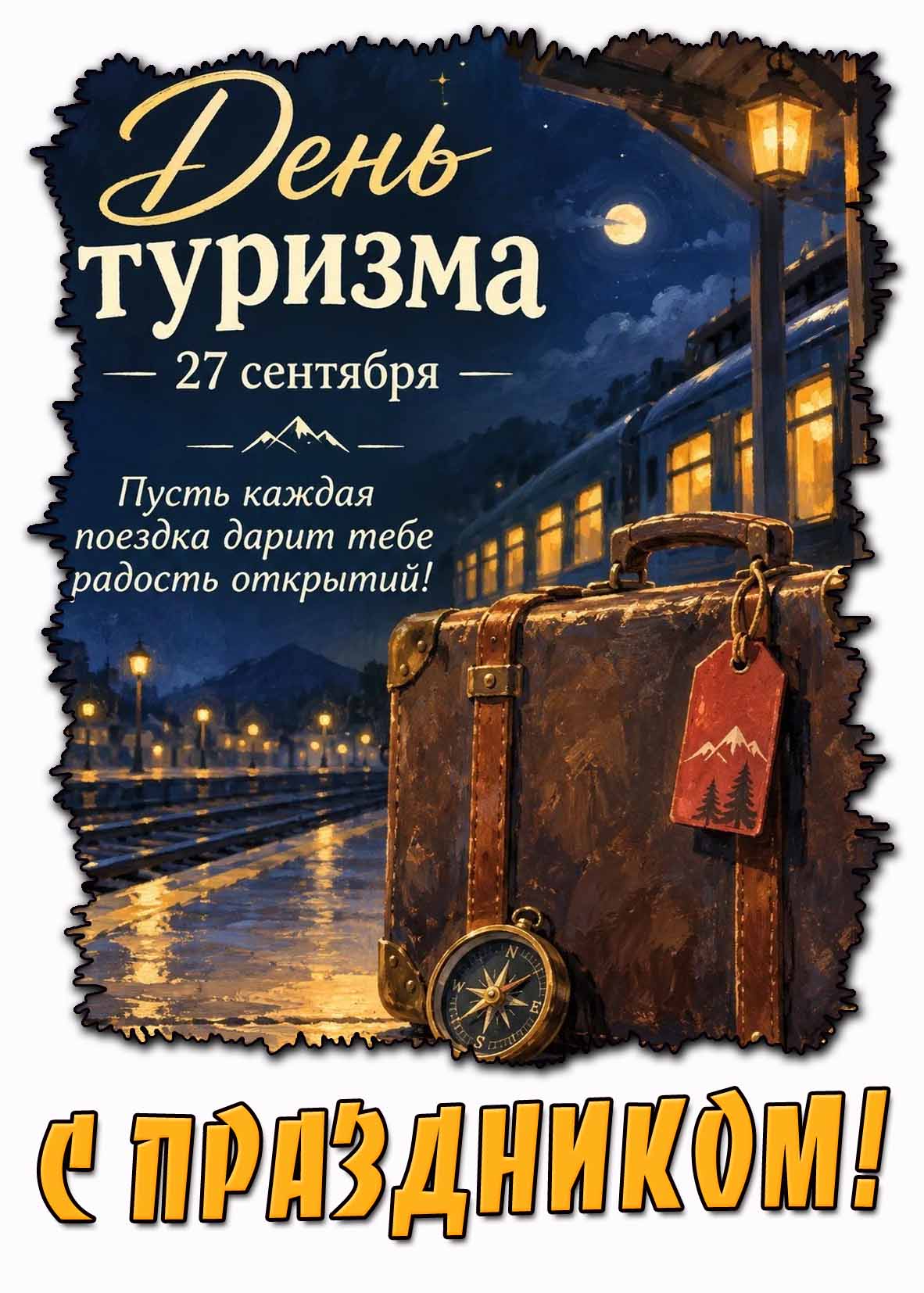 Открытка 27 сентября - день туризма! Пусть каждая поездка дарит тебе радость открытий! С праздником!