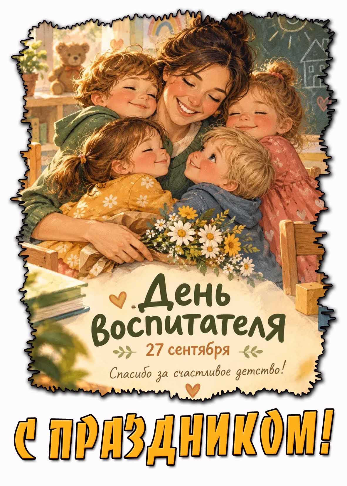 Открытка 27 сентября - день воспитателя! Спасибо за счастливое детство! С праздником!