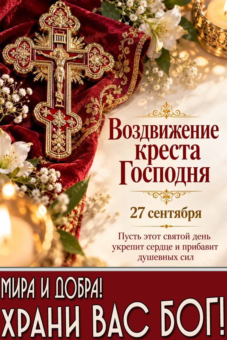 Открытка 27 сентября - Воздвижение креста Господня! Мира и добра! Храни Вас Бог!