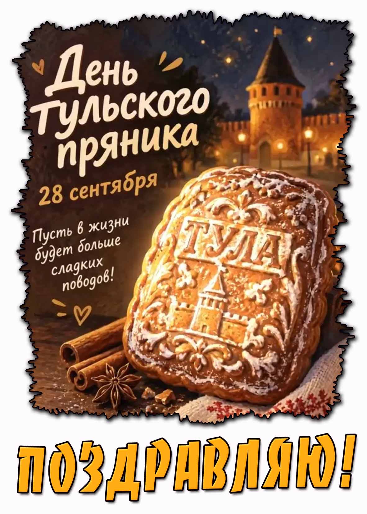 Открытка 28 сентября - день тульского пряника! Пусть в жизни будет больше сладких поводов! Поздравляю!