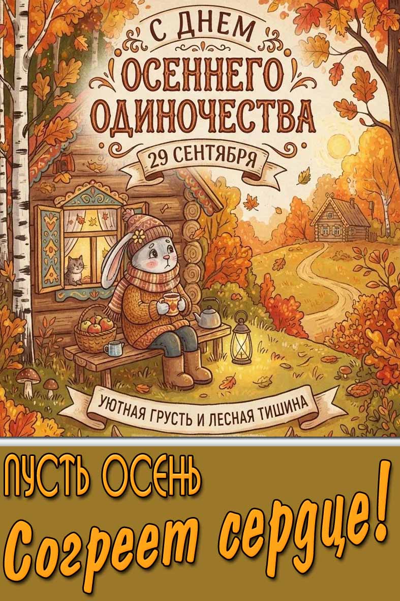 Открытка 29 сентября - с днём осеннего одиночества! Уютная грусть и лесная тишина! Пусть осень согреет сердце!