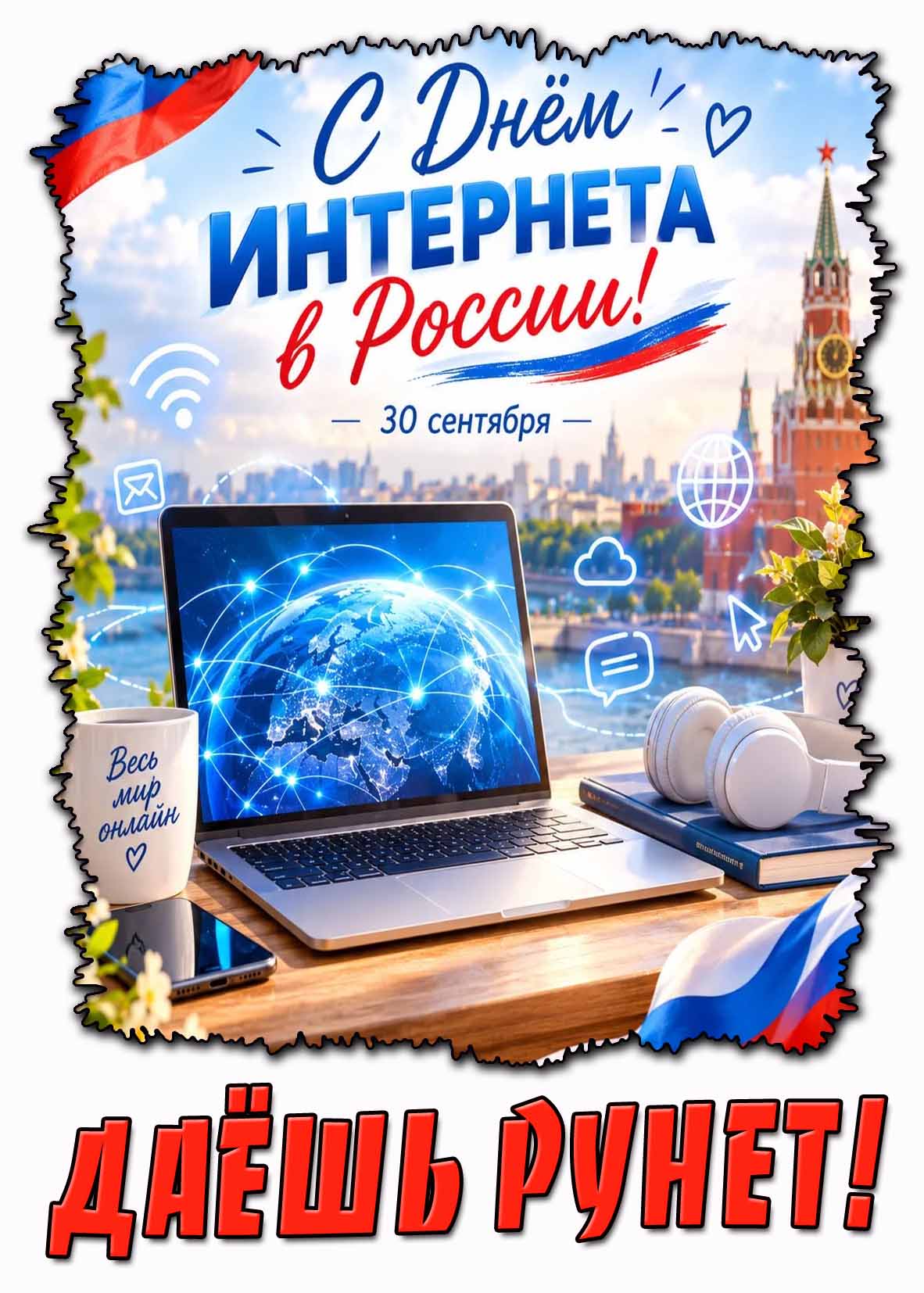 Открытка 30 сентября - с днём интернета в России! Весь мир онлайн! Даёшь РУНЕТ!