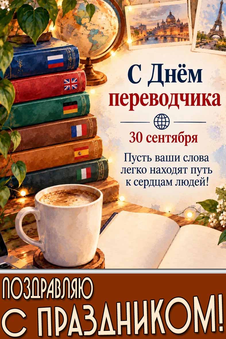 Открытка 30 сентября - с днём переводчика! Пусть ваши слова легко находят путь сердцам людей! Поздравляю с праздником!