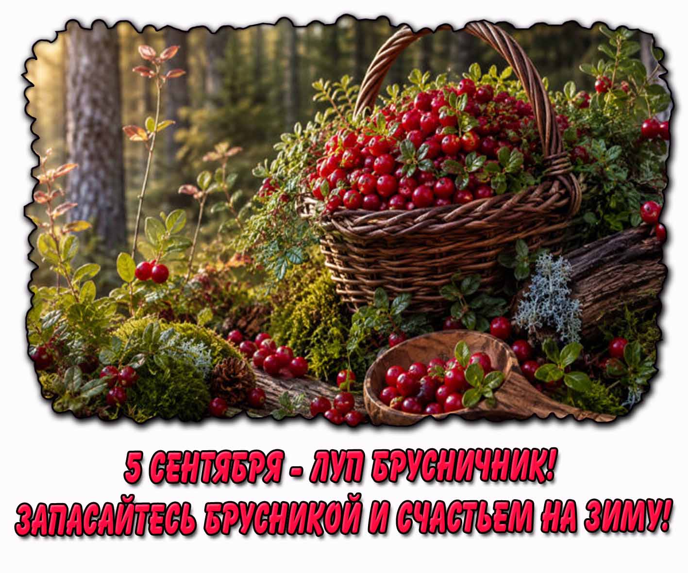 Открытка 5 сентября - Луп Брусничник! Запасайтесь брусникой и счастьем на зиму!