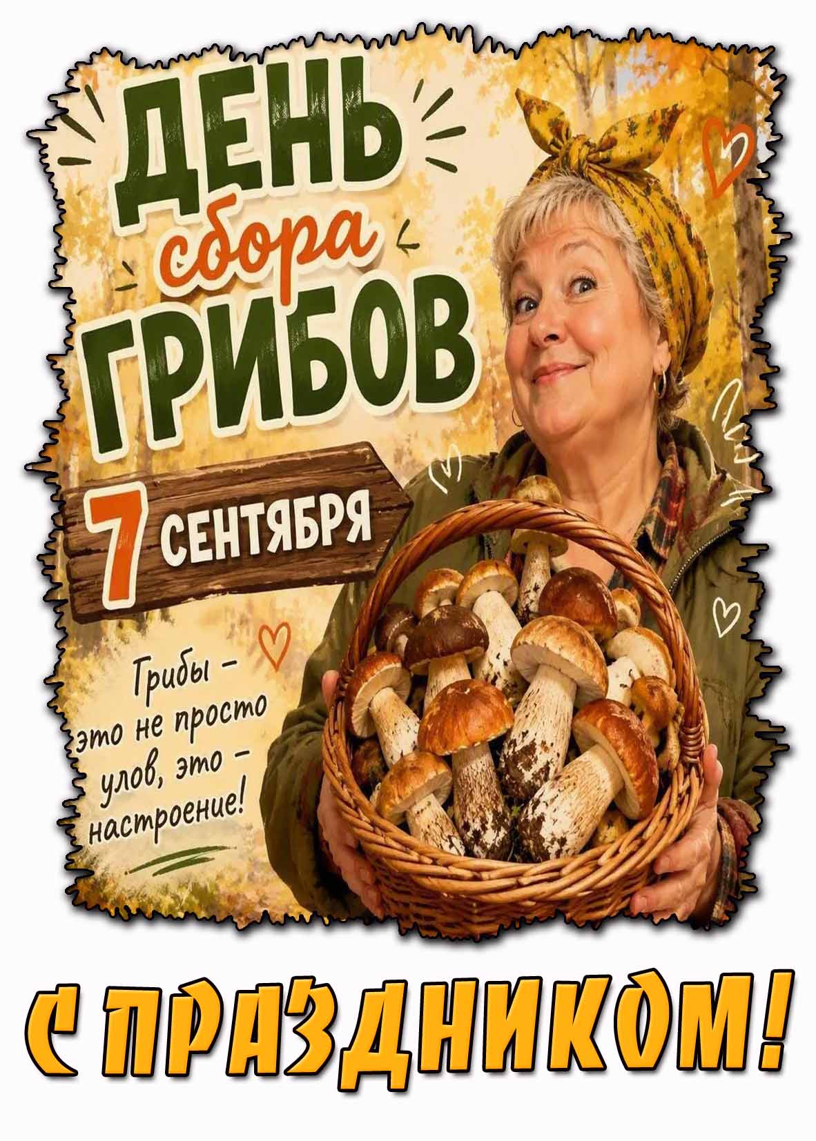 Открытка 7 сентября - день сбора грибов! С праздником! Грибы это не просто улов, это - настроение!