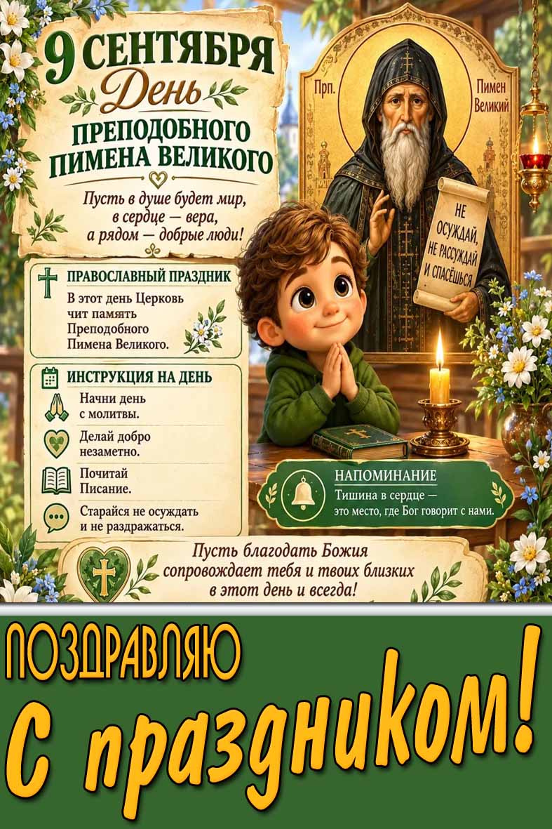 Открытка 9 сентября - день преподобного Пимена Великого! Поздравляю с праздником!