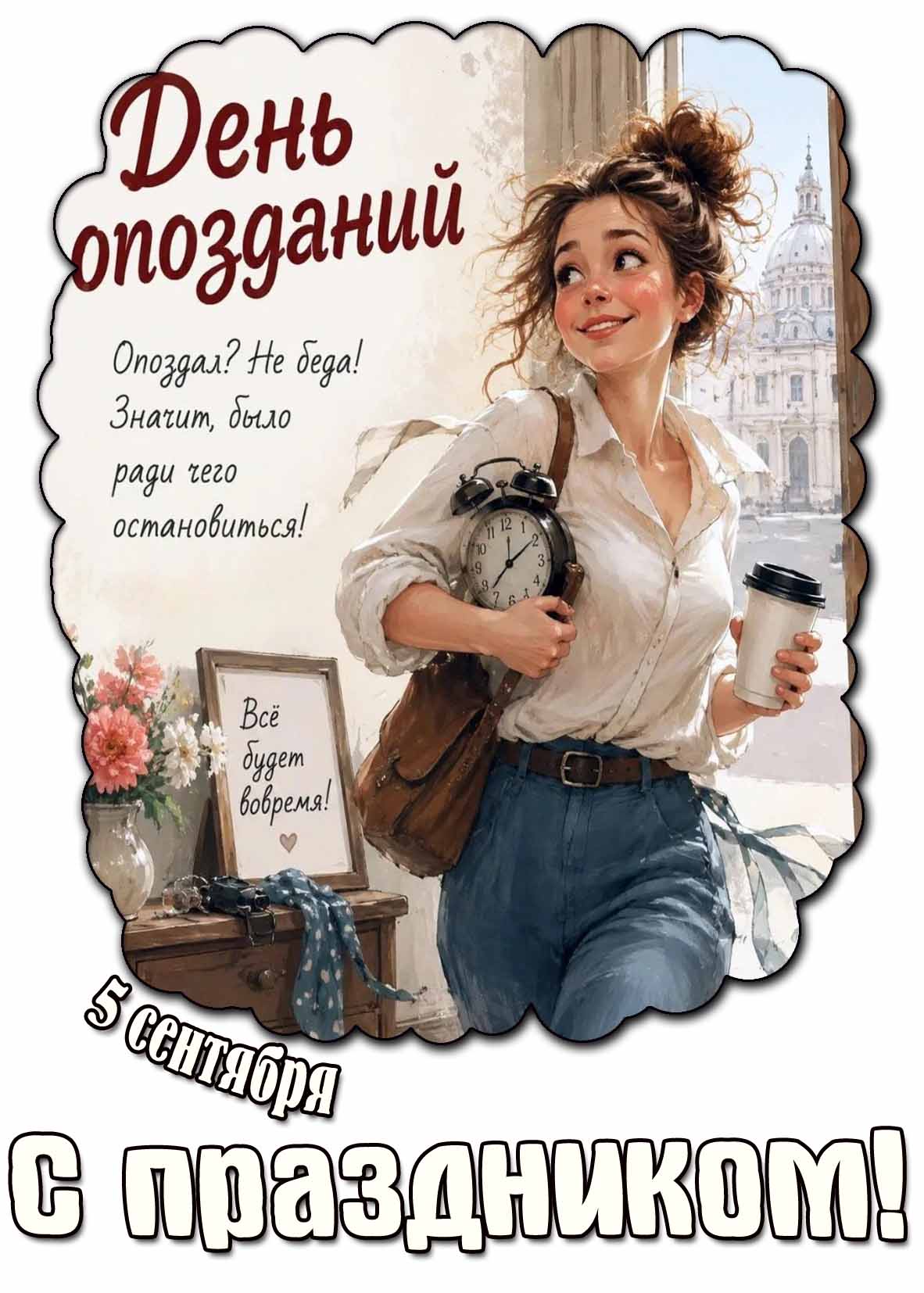 Открытка для девушки к 5 сентября - день опозданий! С праздником!