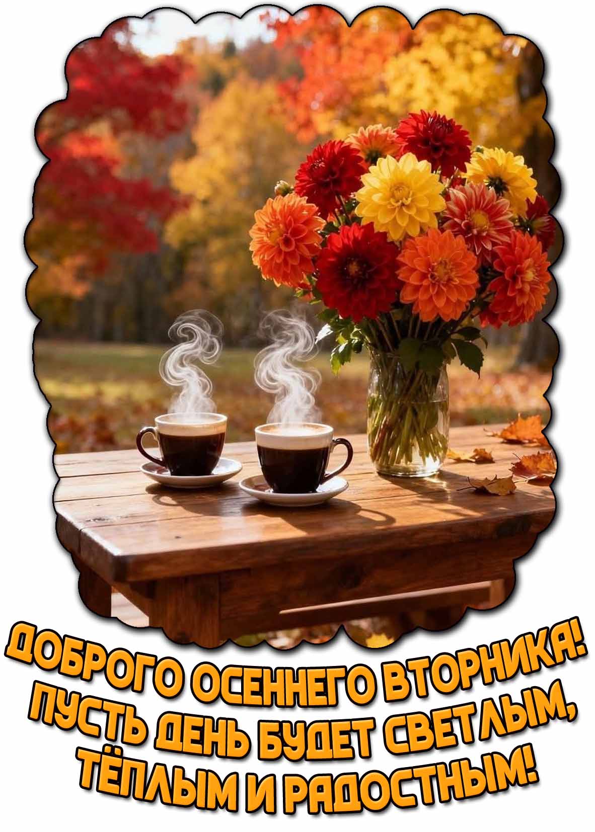 Открытка "Доброго осеннего вторника! Пусть день будет светлым, тёплым и радостным!"
