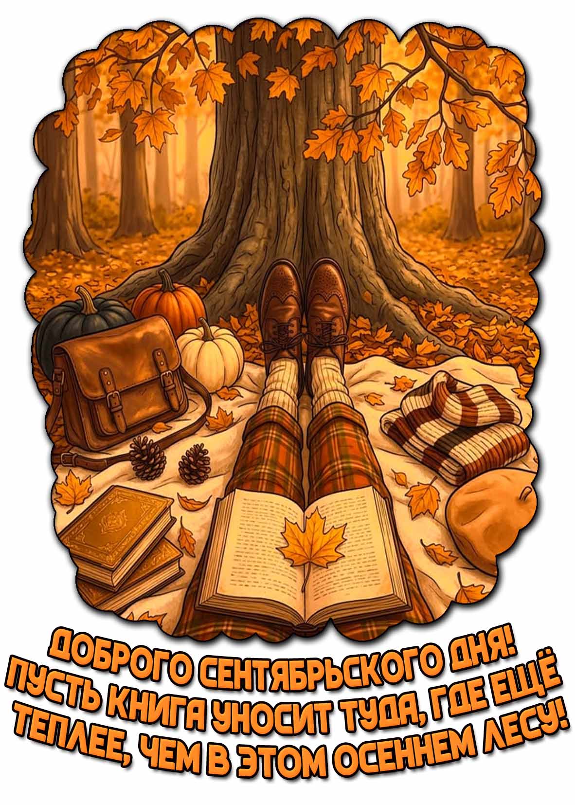 Открытка "Доброго сентябрьского дня! Пусть книга уносит туда, где ещё теплее, чем в этом осеннем лесу!"
