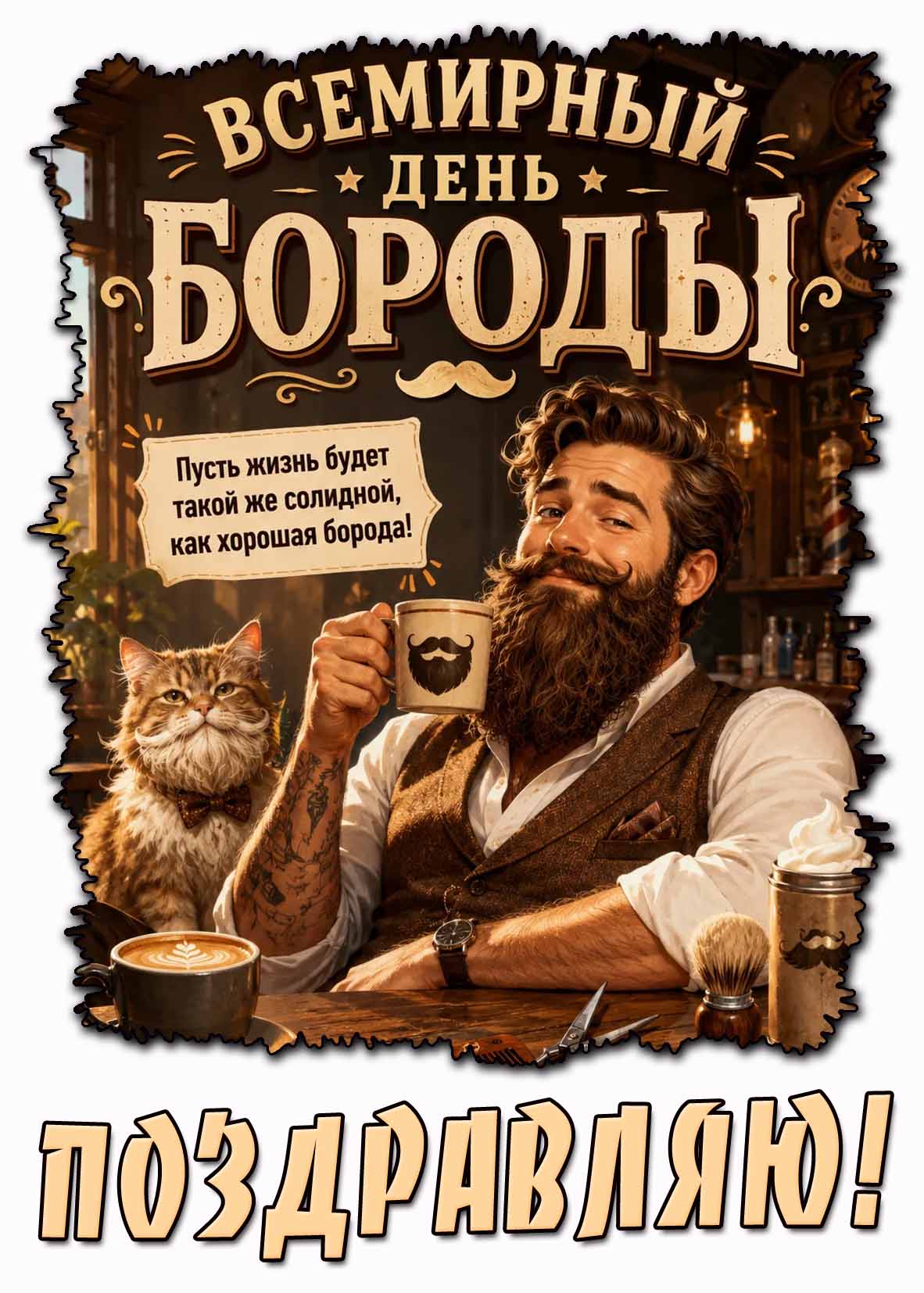 Открытка на Всемирный день бороды! Пусть жизнь будет такой же солидной, как хорошая борода! Поздравляю!