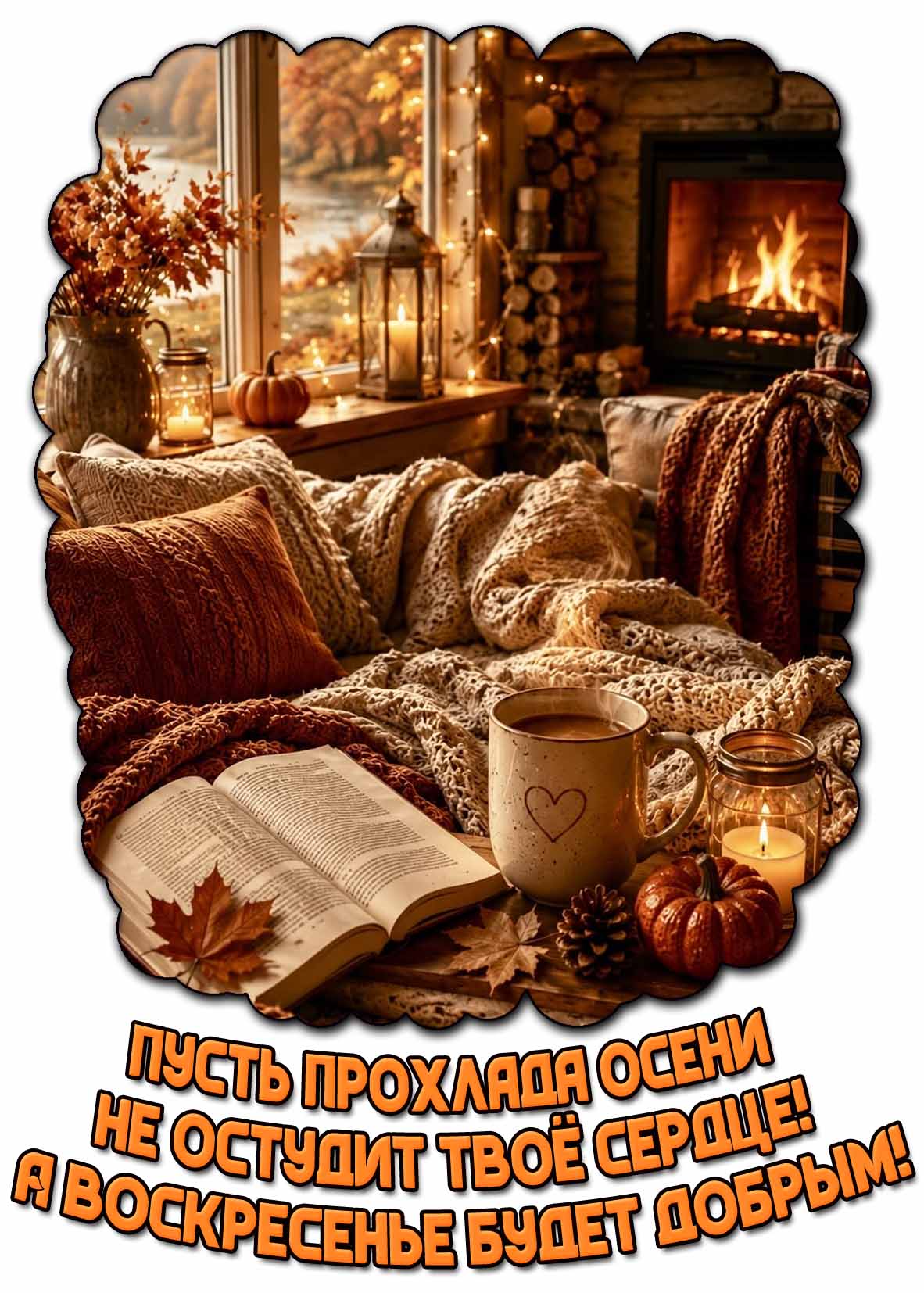 Красивая открытка со свечой, книгой, кофе, пледом у камина, листопадом за коном и надписью : Пусть прохлада осени не остудит твоё сердце! А воскресенье будет добрым! Открытка "Пусть прохлада осени не остудит твоё сердце! А воскресенье будет добрым!"