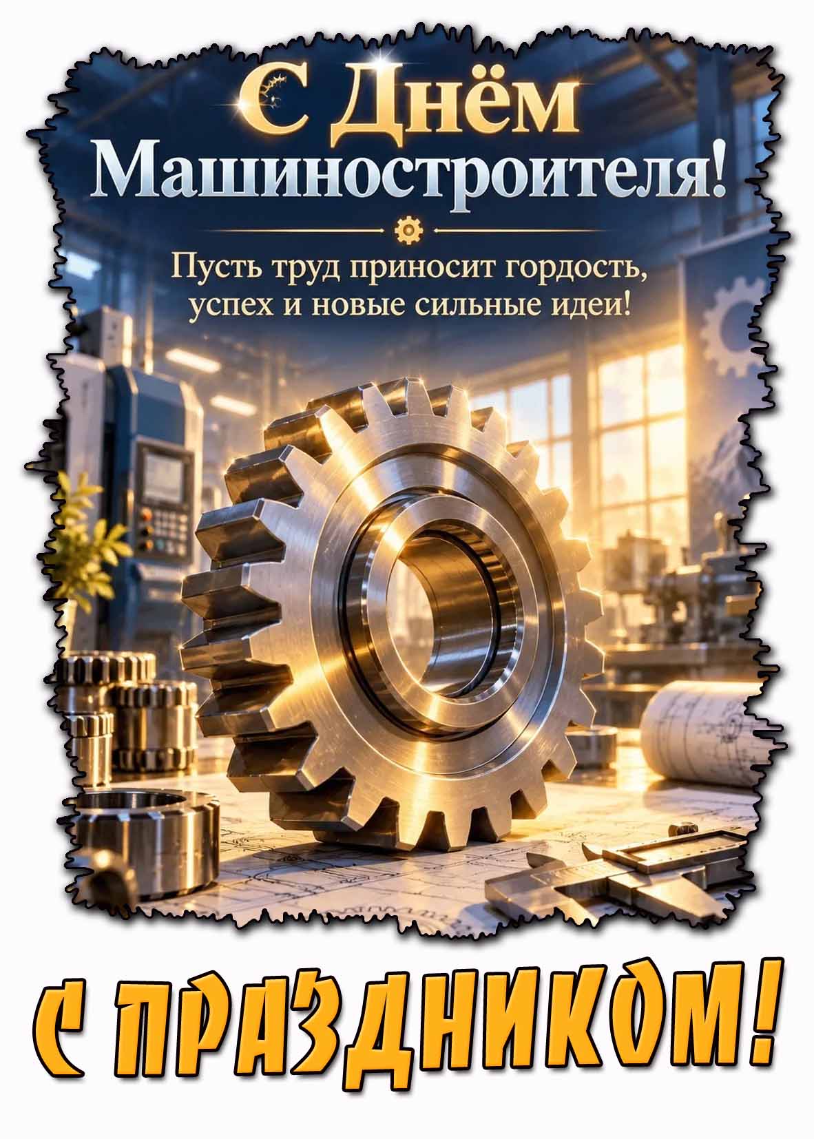 Открытка "С днём машиностроителя! Пусть труд приносит гордость, успех и новые сильные идеи! С праздником!"