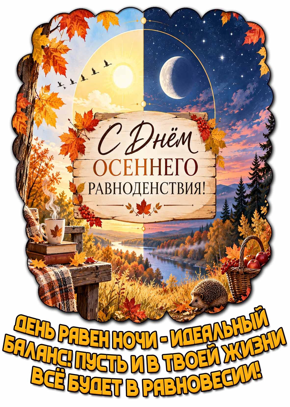 Открытка "С днём осеннего равноденствия! День равен ночи - идеальный баланс! Пусть и в твоей жизни всё будет в равновесии!"