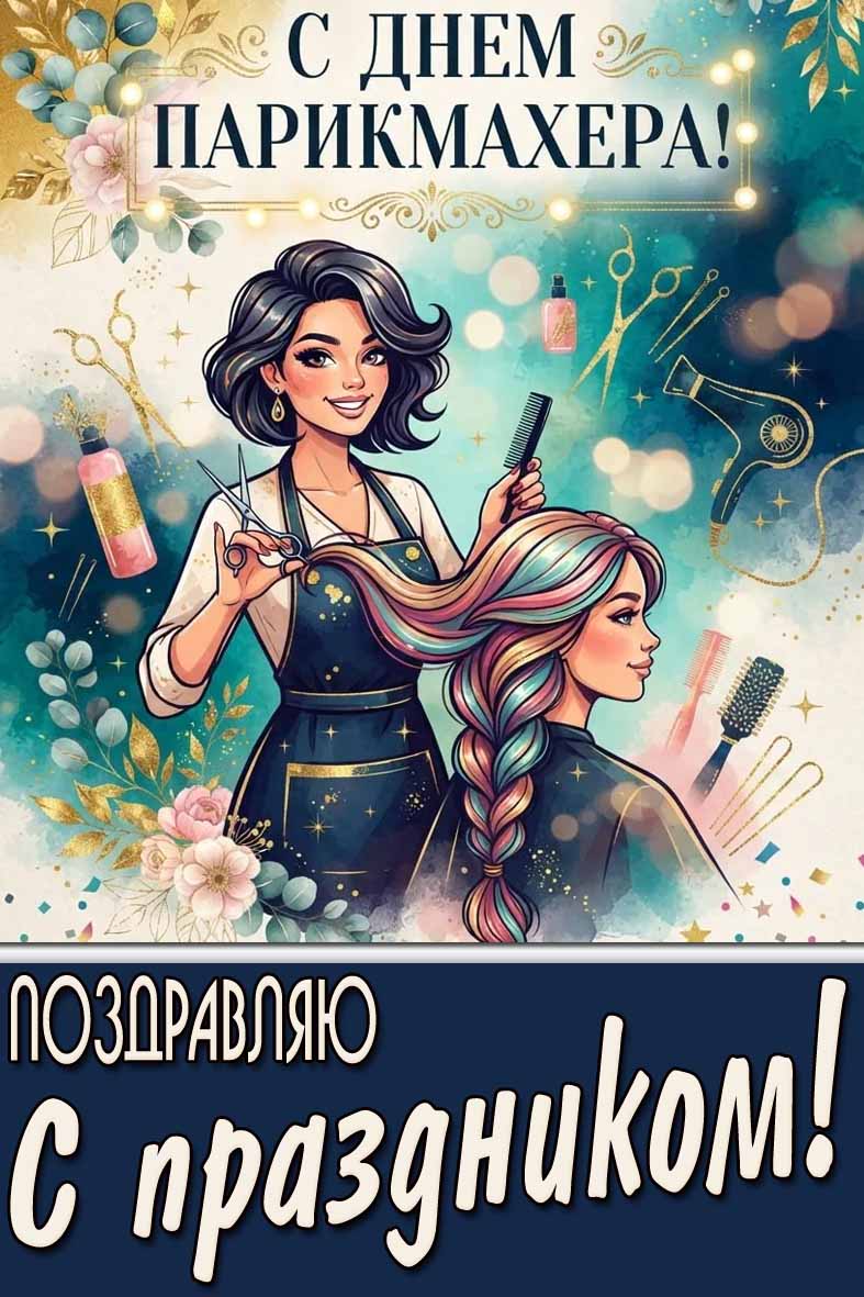 Открытка "С днём парикмахера! Поздравляю с праздником!"