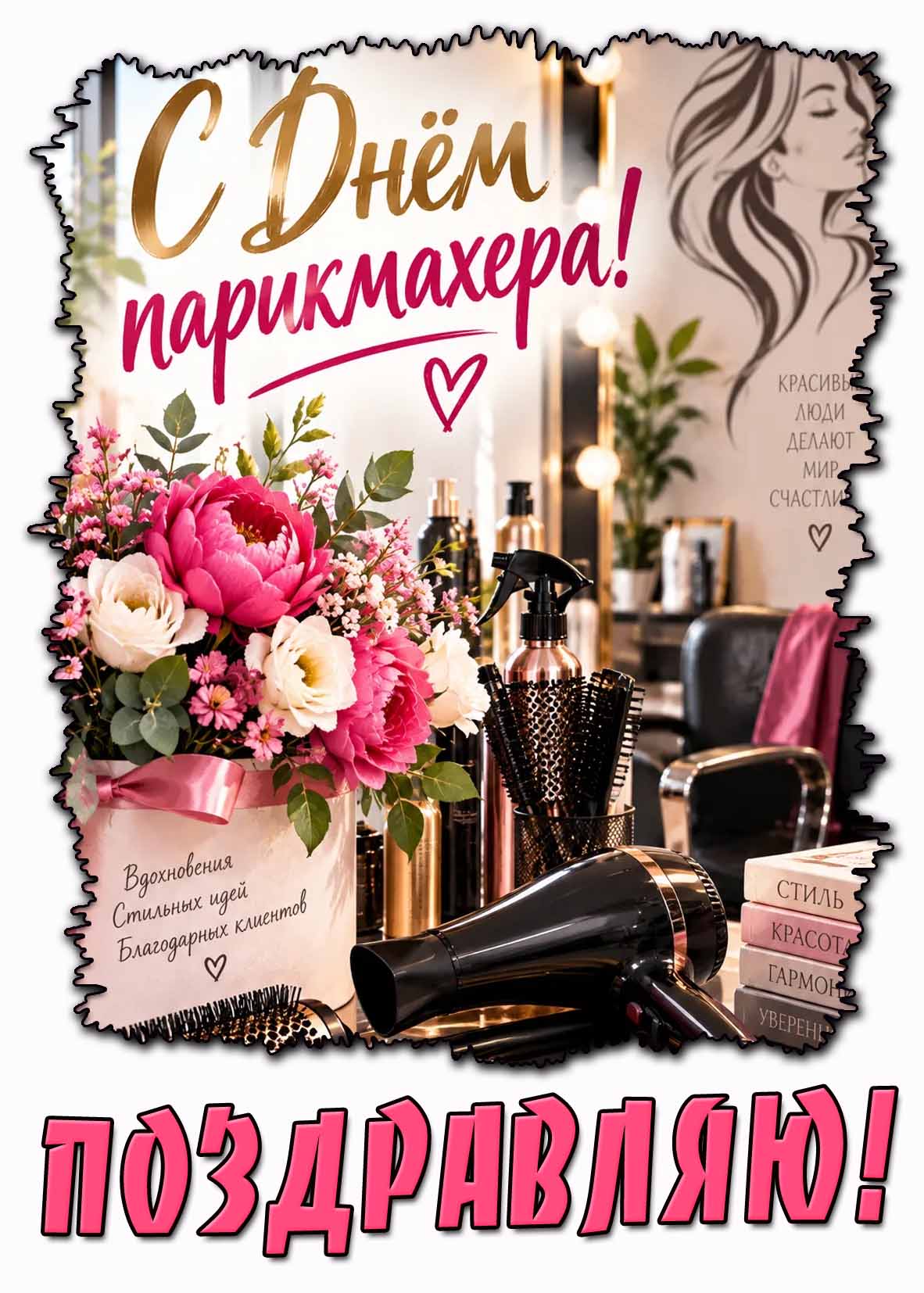 Открытка "С днём парикмахера! Вдохновения! Стильных идей! Благодарных клиентов! Поздравляю!"