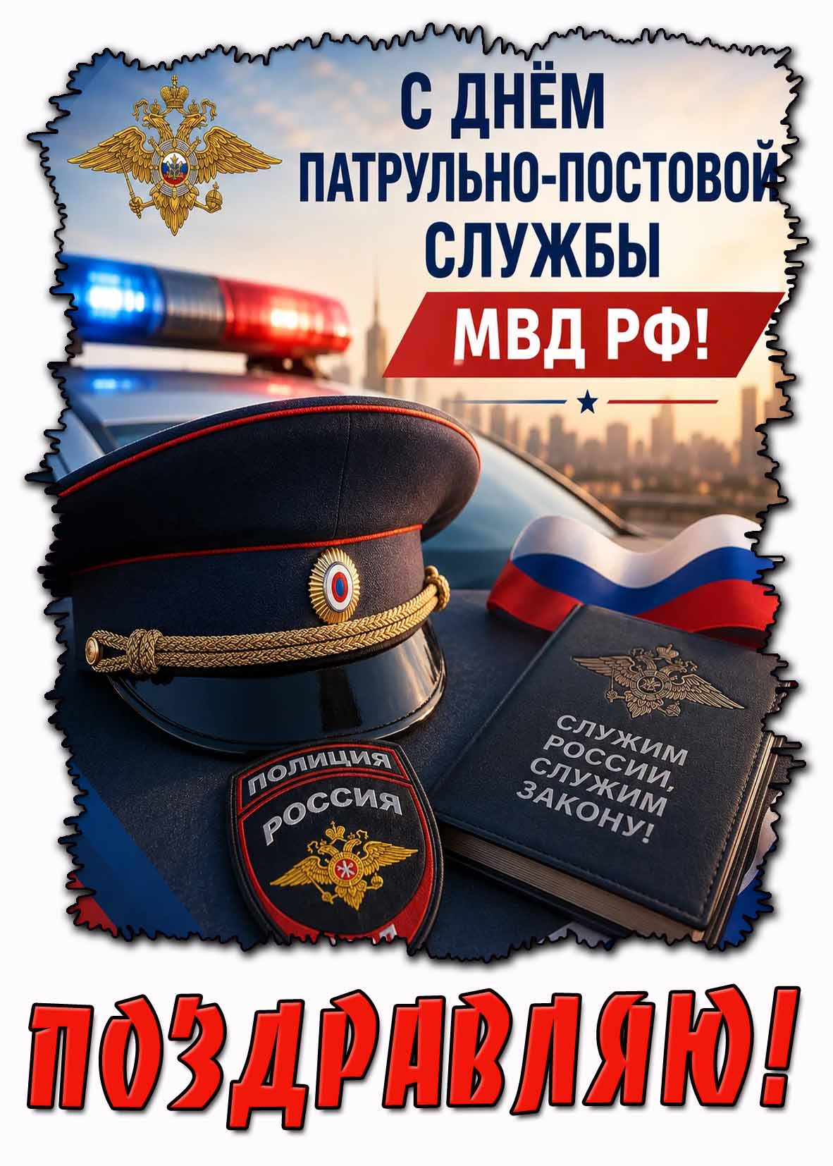 Открытка "С днём патрульно-постовой службы МВД России! Служим России, служим закону! Поздравляю!"