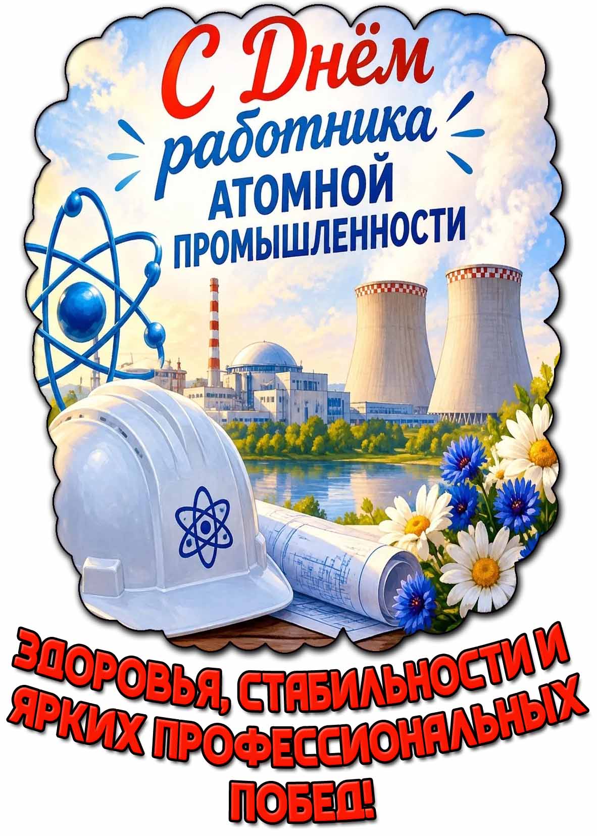 Открытка "С днём работника атомной промышленности! Здоровья, стабильности и ярких профессиональных побед!"